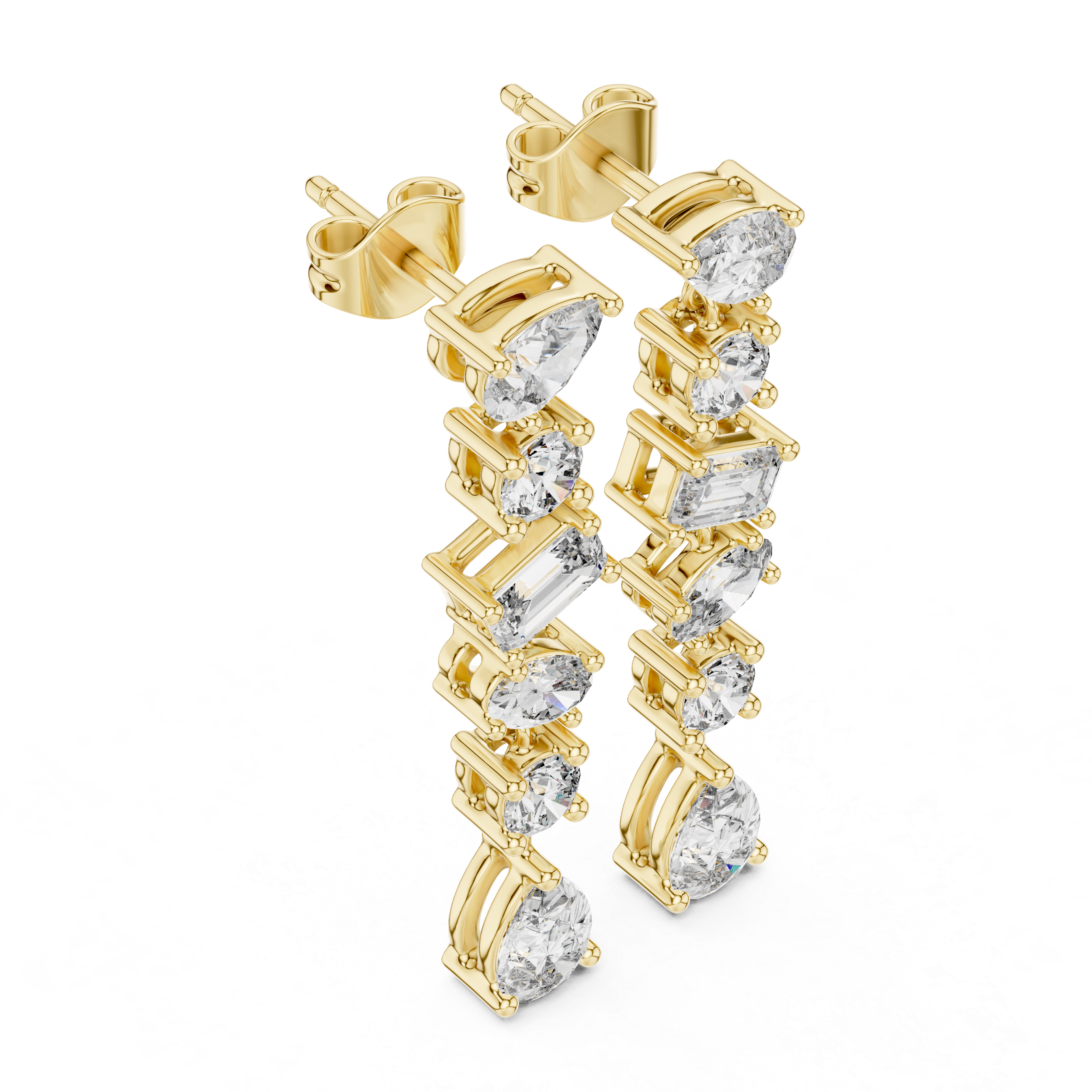 Gold and diamond earrings on a white background