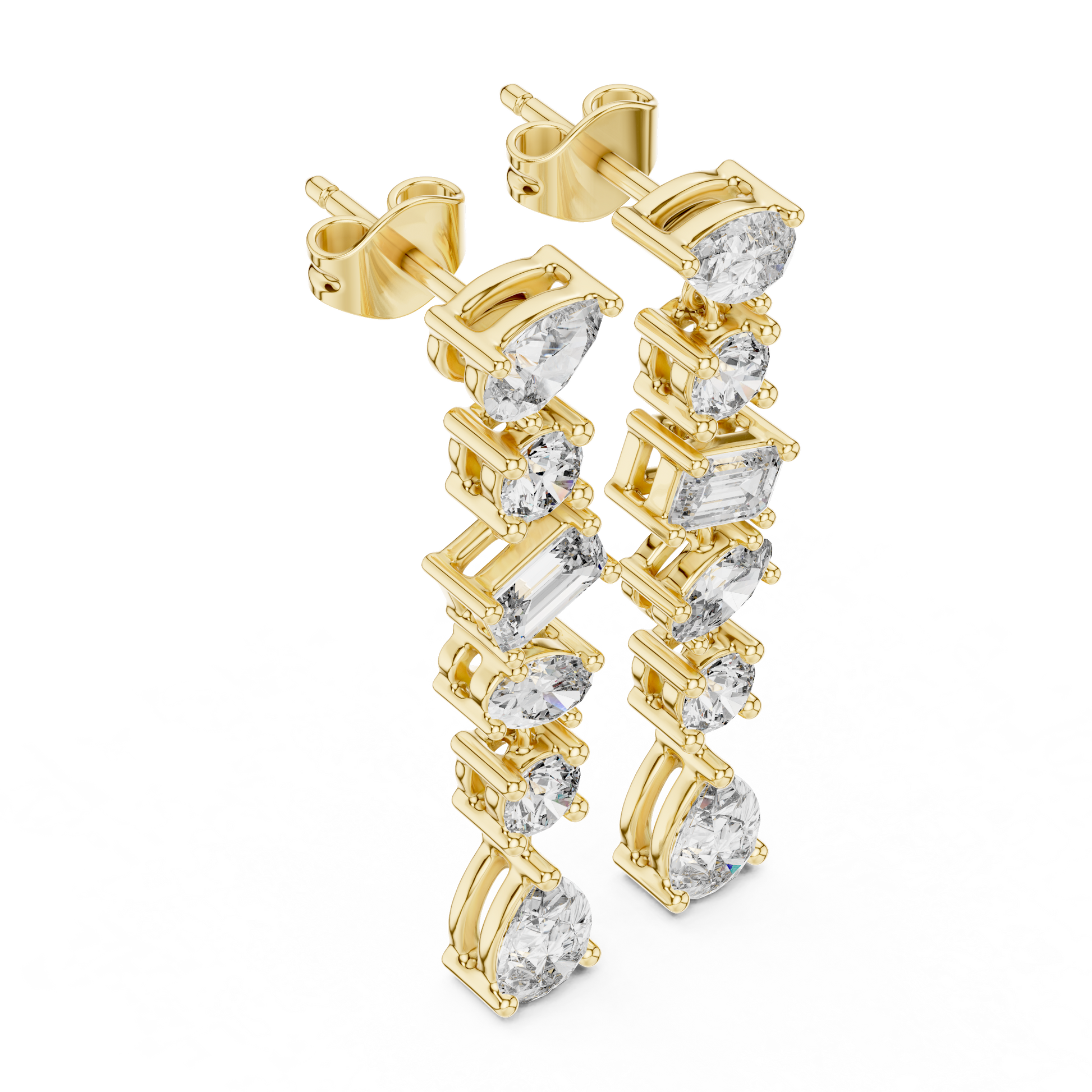 Gold and diamond earrings on a white background