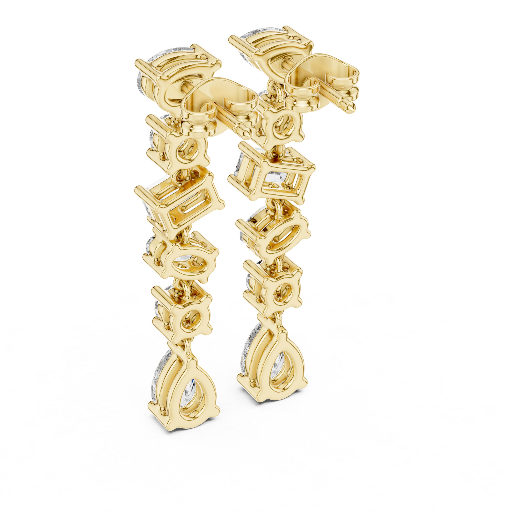 Gold earrings with diamond accents on a white background