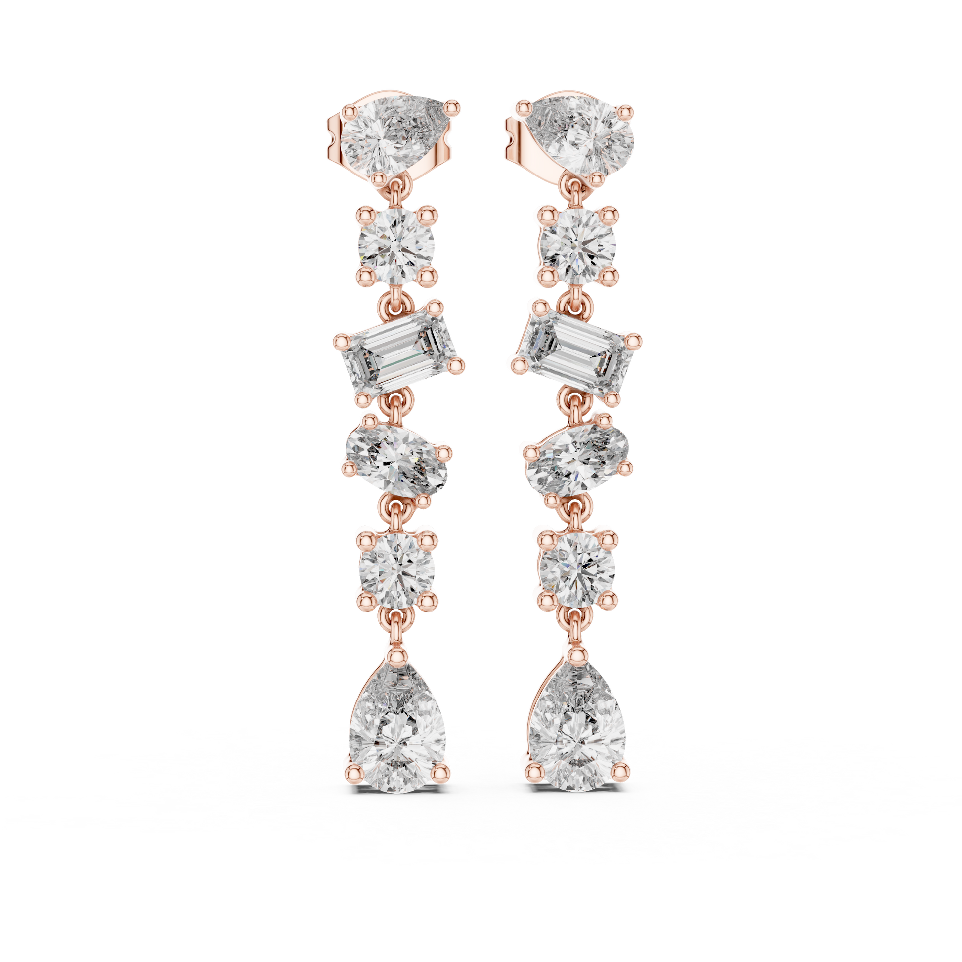 Rose Gold and diamond earrings on a white background
