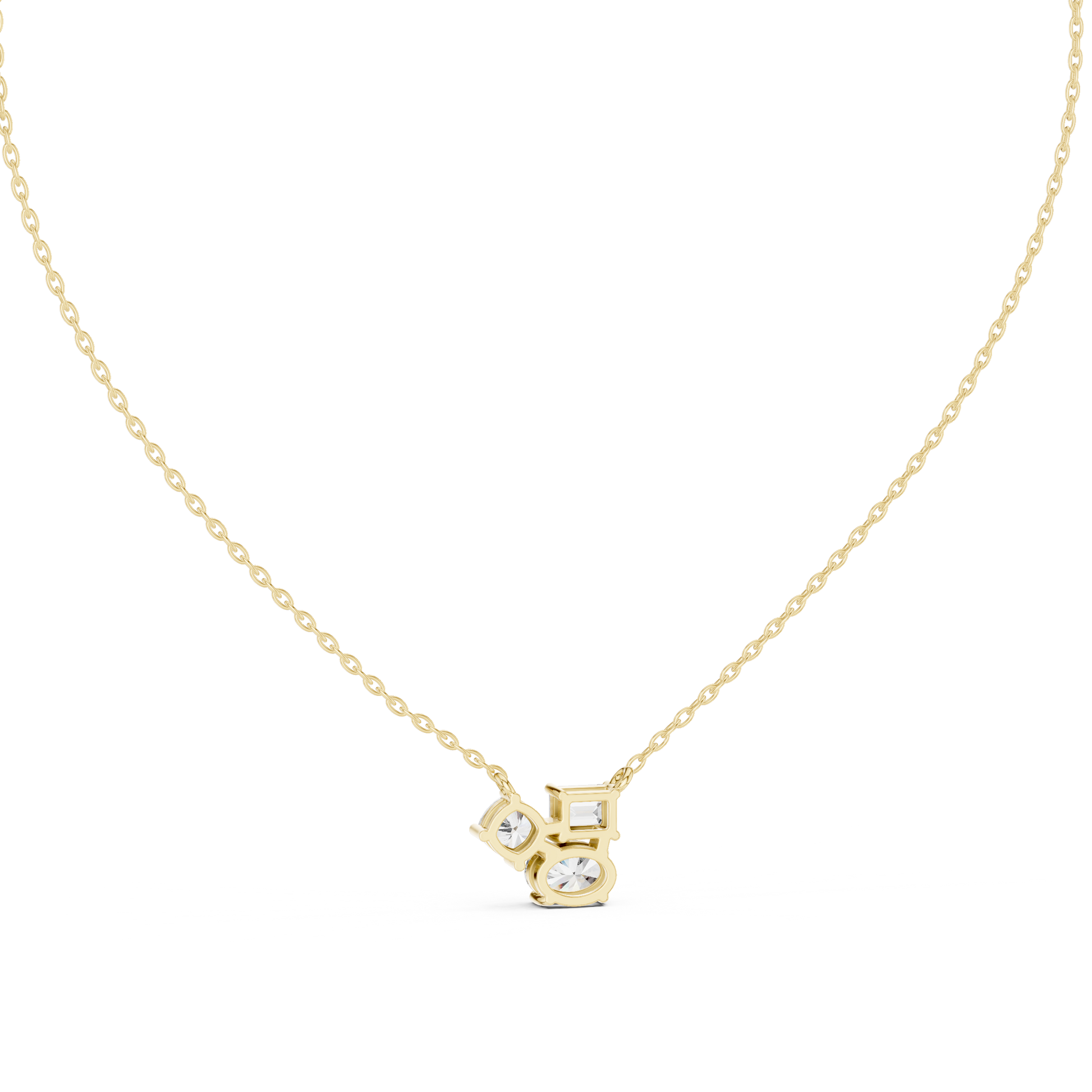 pendant features a striking cluster of Emerald, Cushion, and Oval diamonds