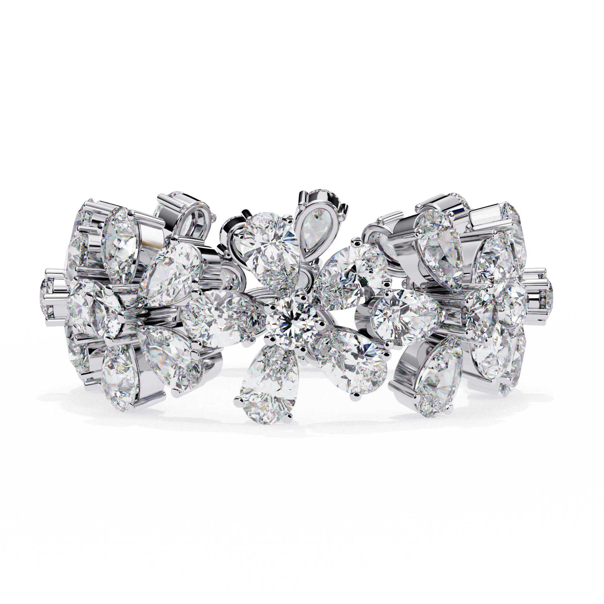full eternity band features Pear and Round diamonds meticulously arranged into a continuous sequence of shimmering flowers