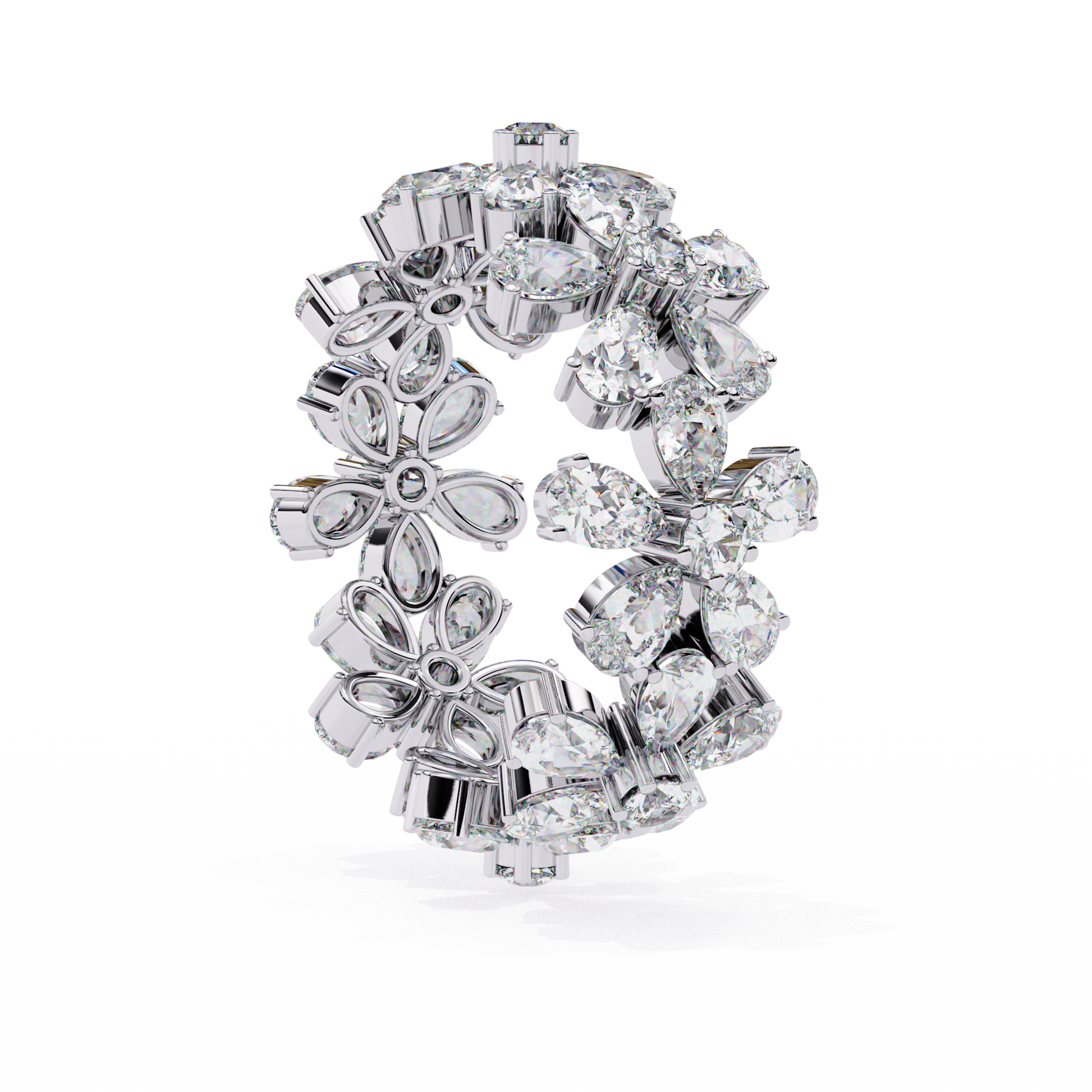 full eternity band features Pear and Round diamonds meticulously arranged into a continuous sequence of shimmering flowers