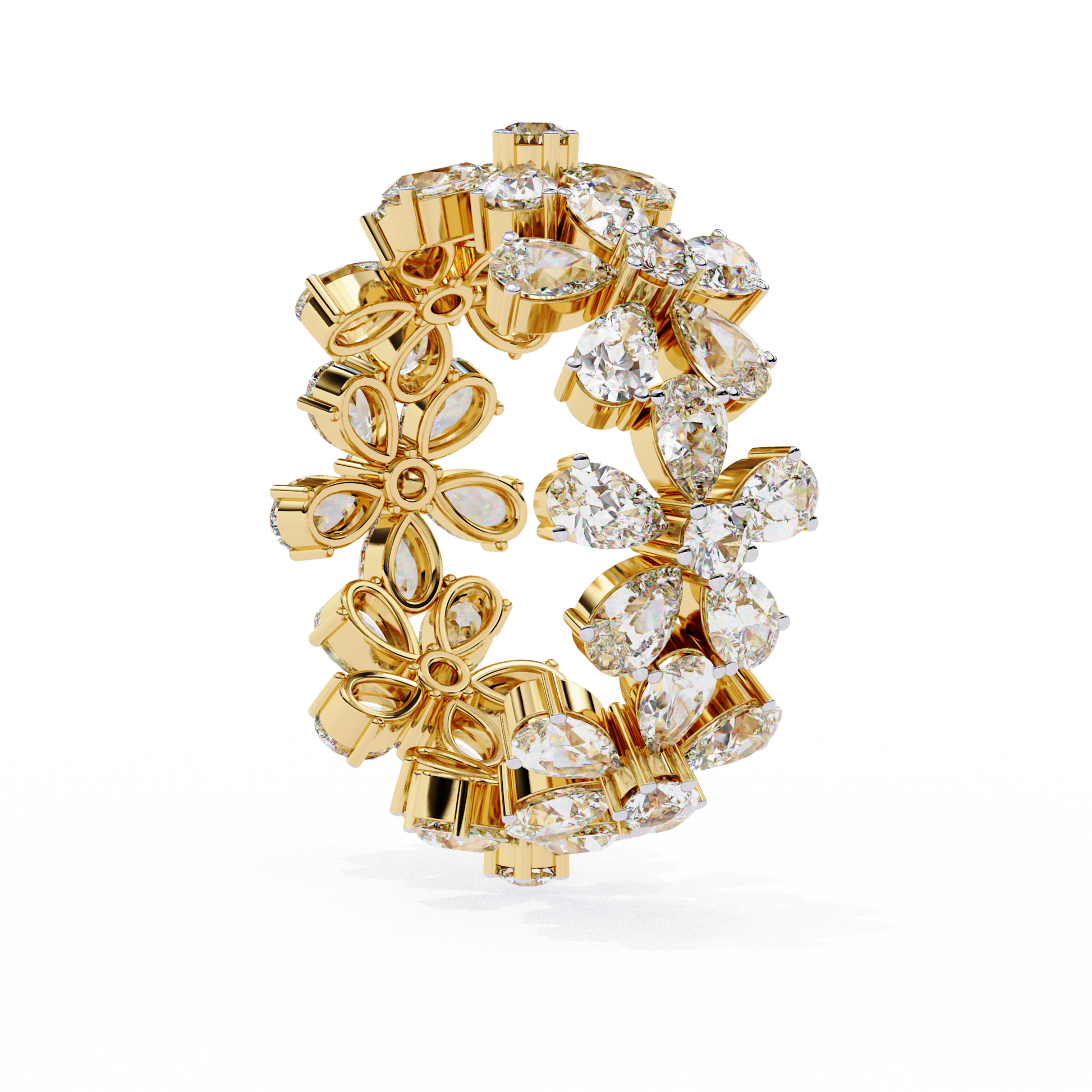 full eternity band features Pear and Round diamonds meticulously arranged into a continuous sequence of shimmering flowers