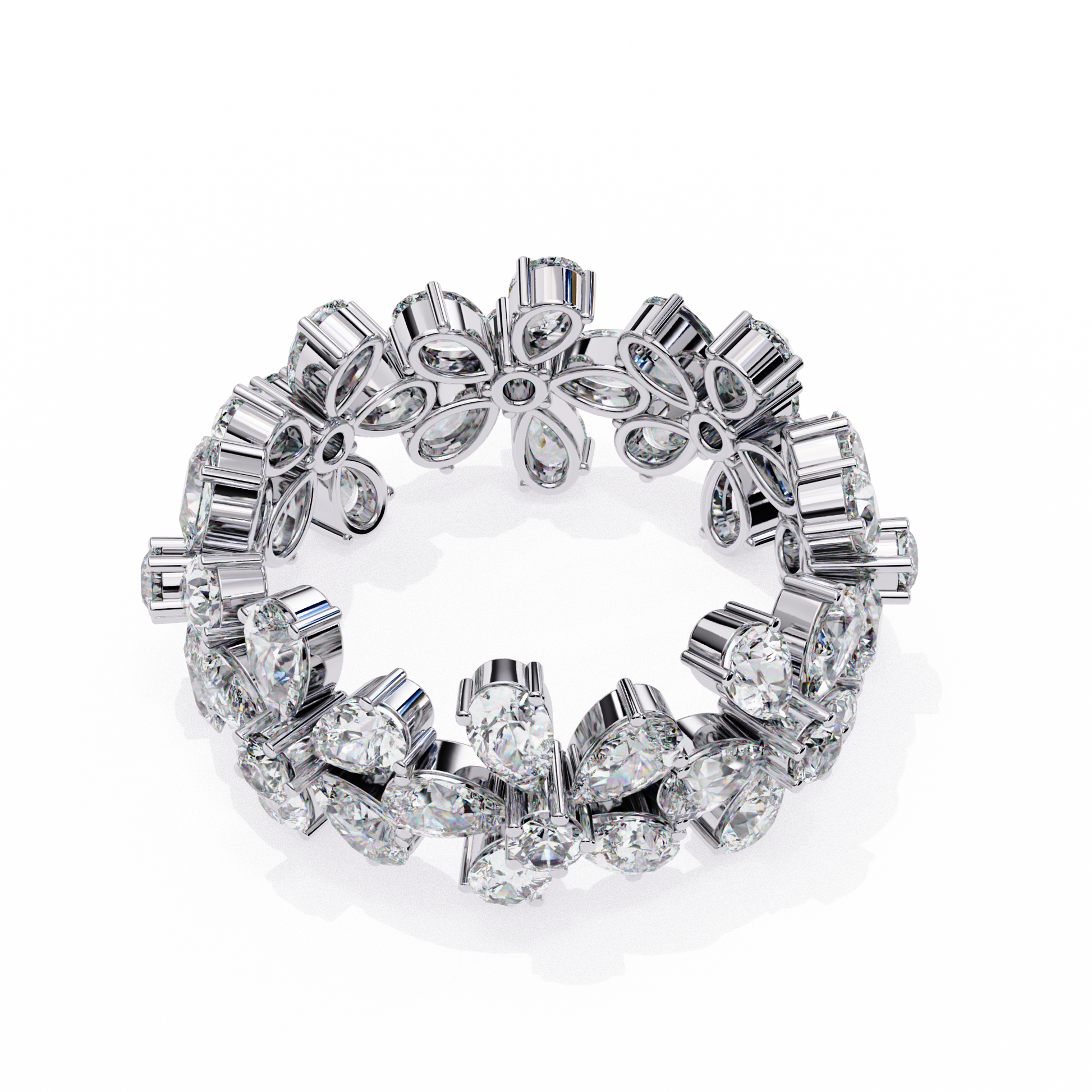 full eternity band features Pear and Round diamonds meticulously arranged into a continuous sequence of shimmering flowers