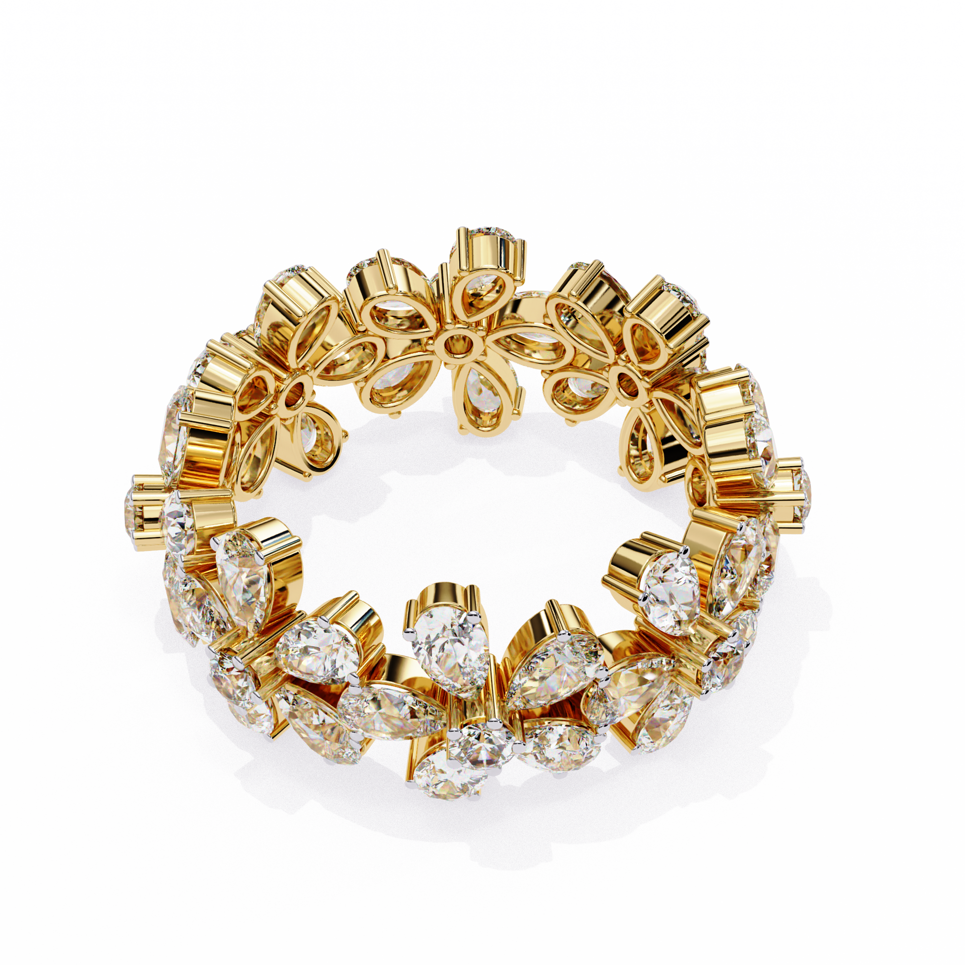 full eternity band features Pear and Round diamonds meticulously arranged into a continuous sequence of shimmering flowers