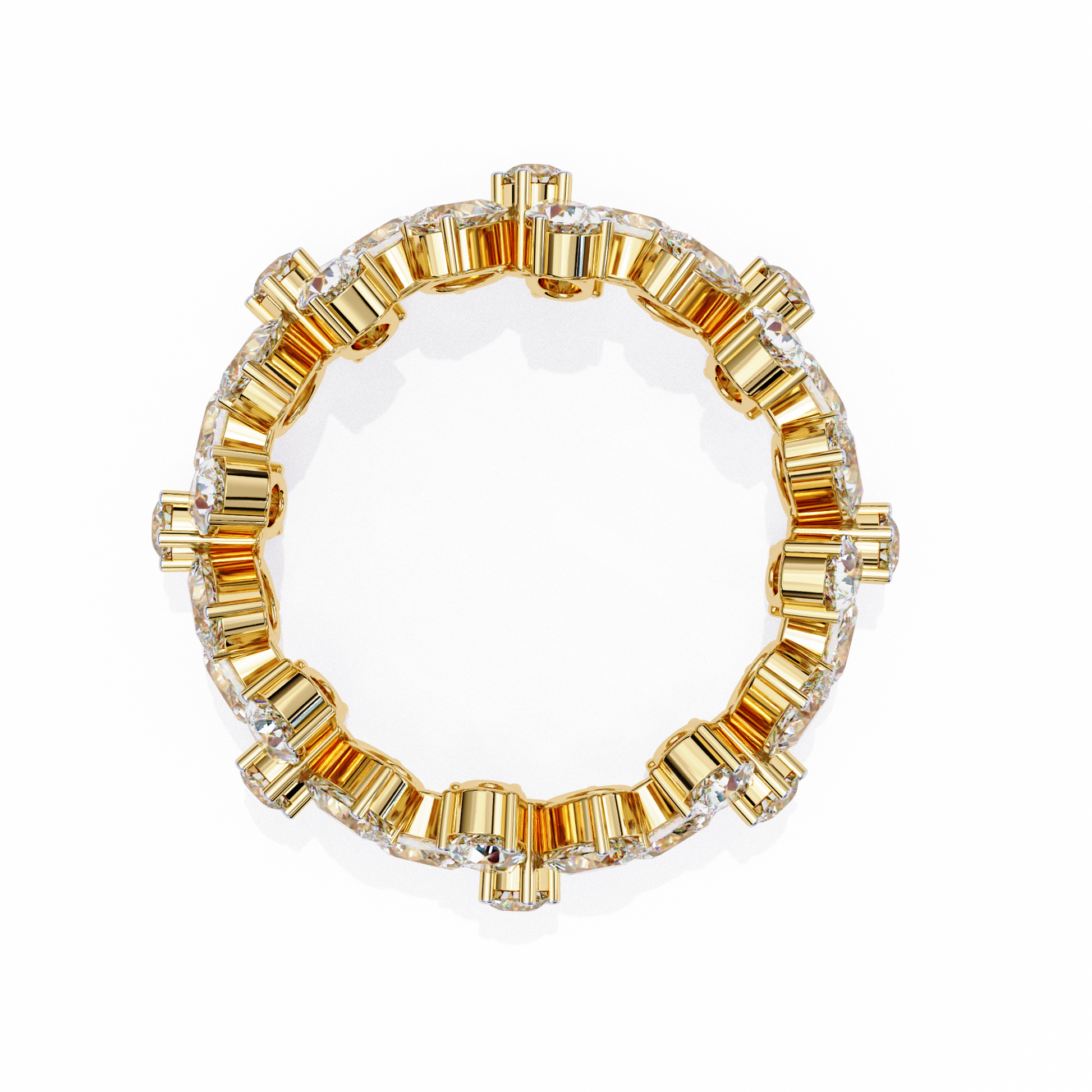 full eternity band features Pear and Round diamonds meticulously arranged into a continuous sequence of shimmering flowers