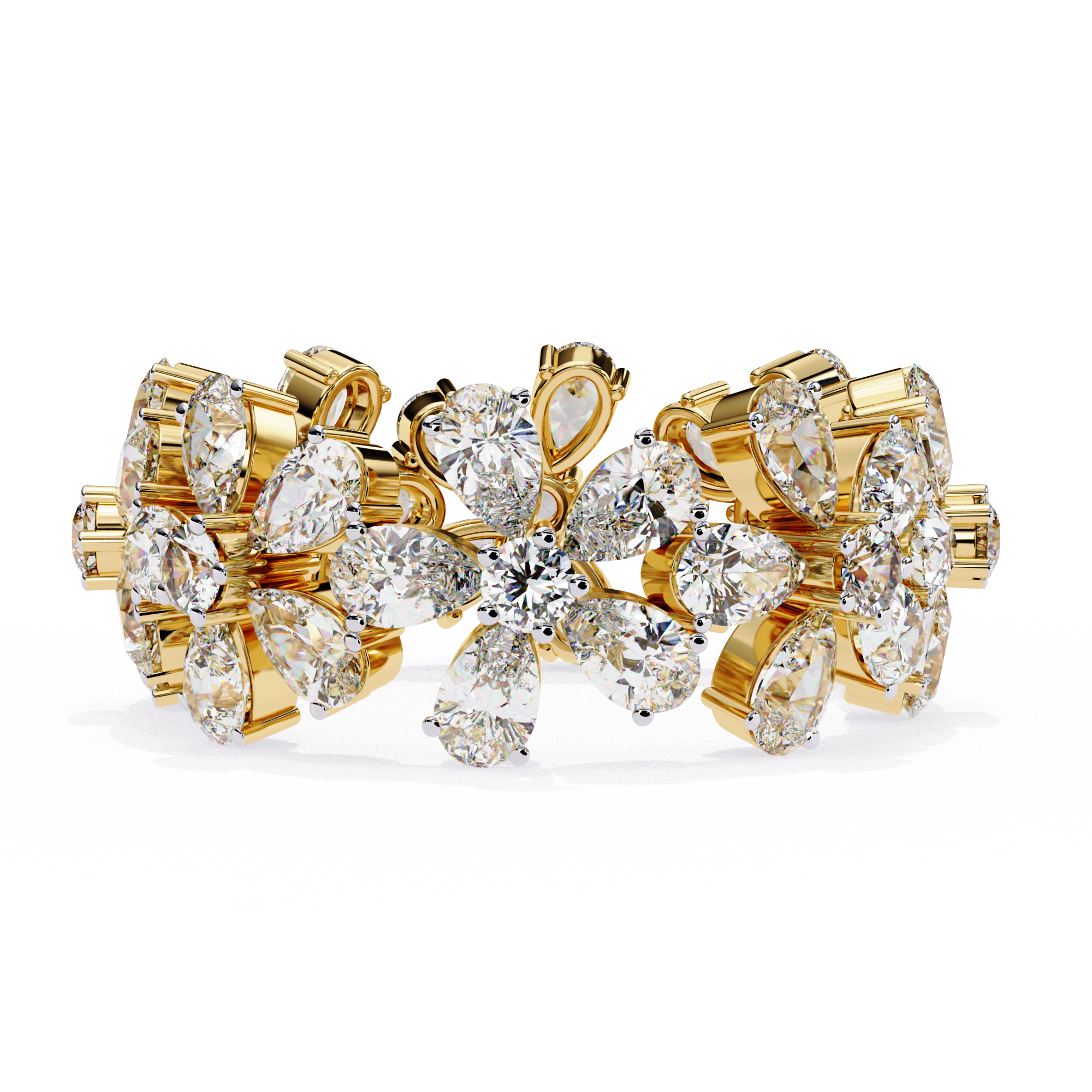 full eternity band features Pear and Round diamonds meticulously arranged into a continuous sequence of shimmering flowers