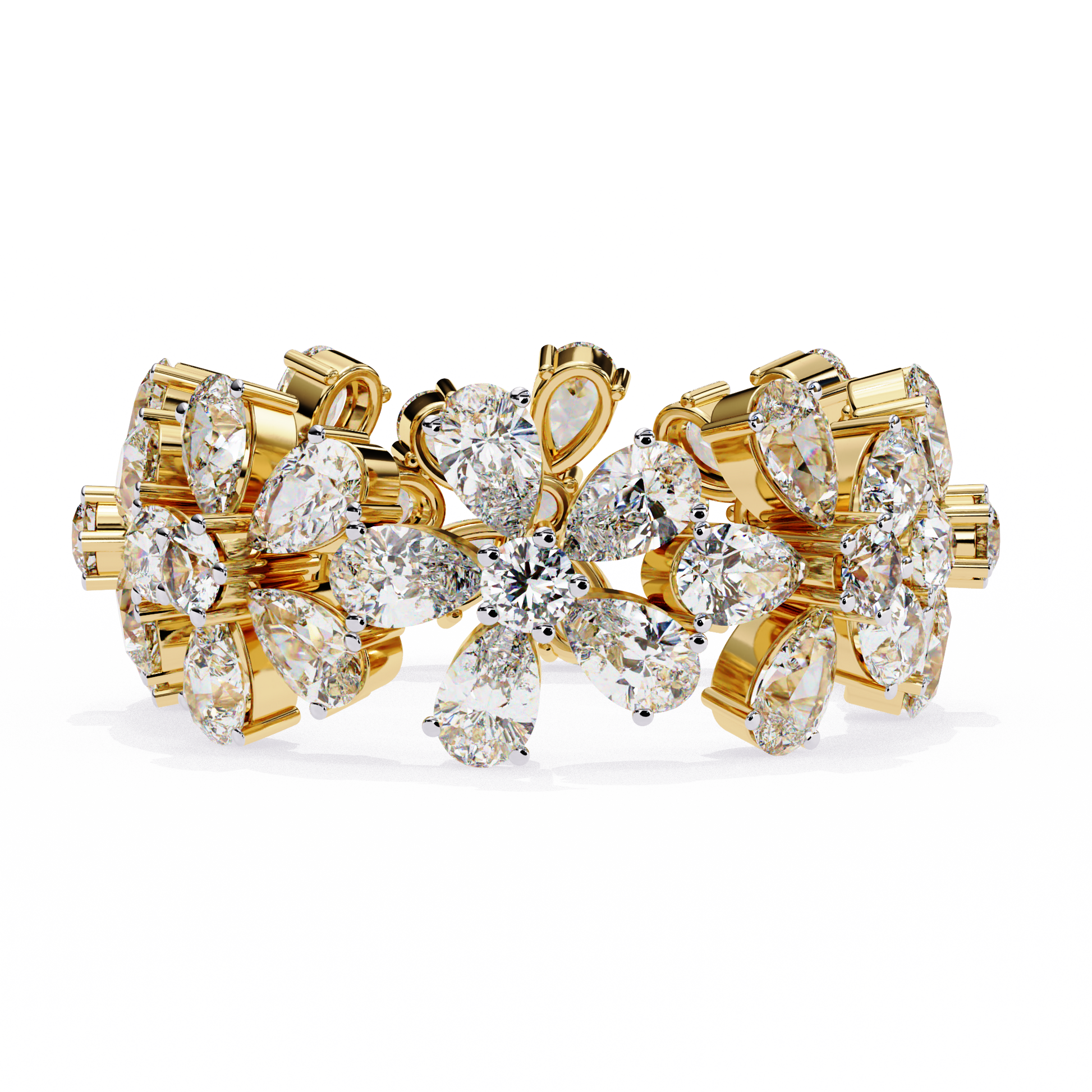 full eternity band features Pear and Round diamonds meticulously arranged into a continuous sequence of shimmering flowers