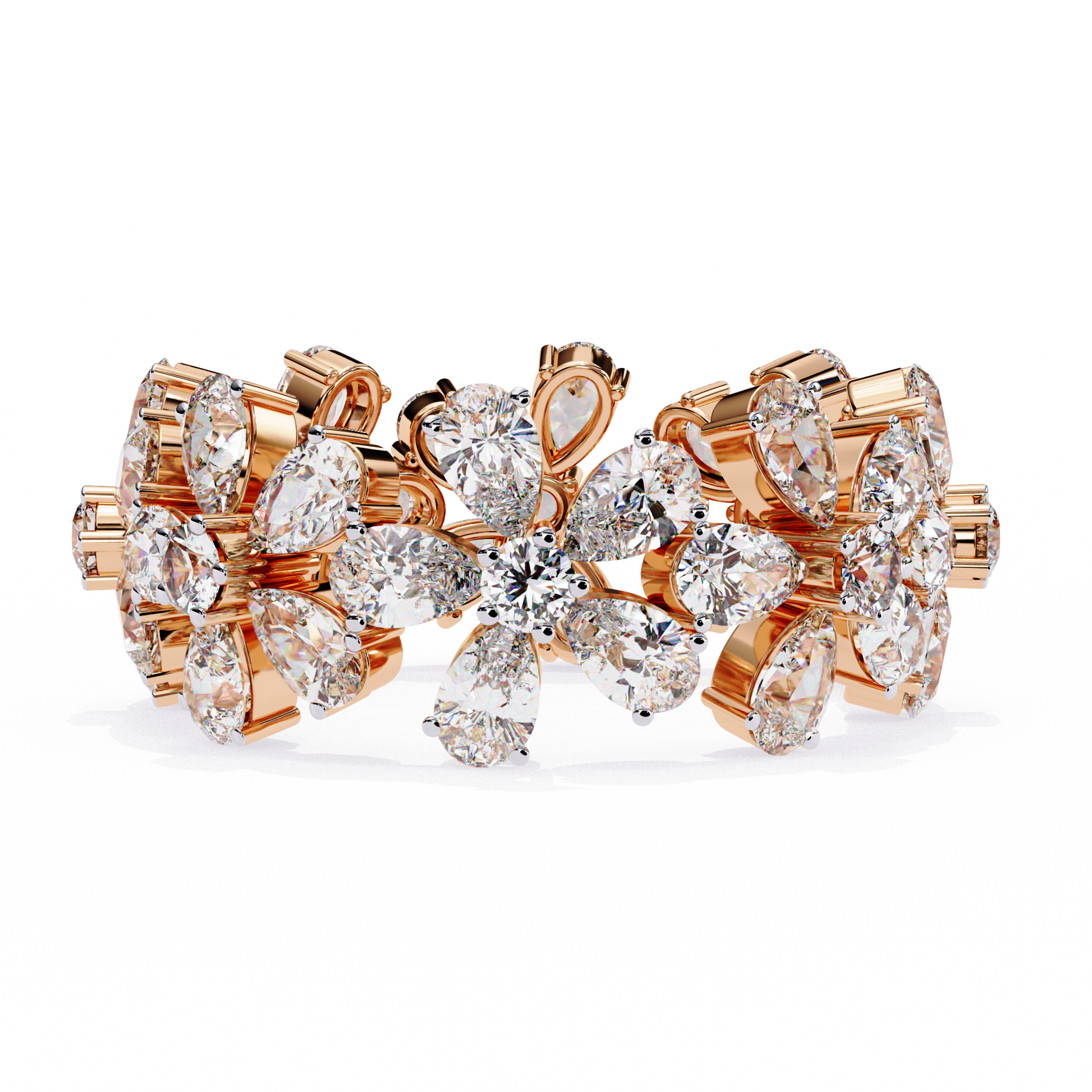 full eternity band features Pear and Round diamonds meticulously arranged into a continuous sequence of shimmering flowers