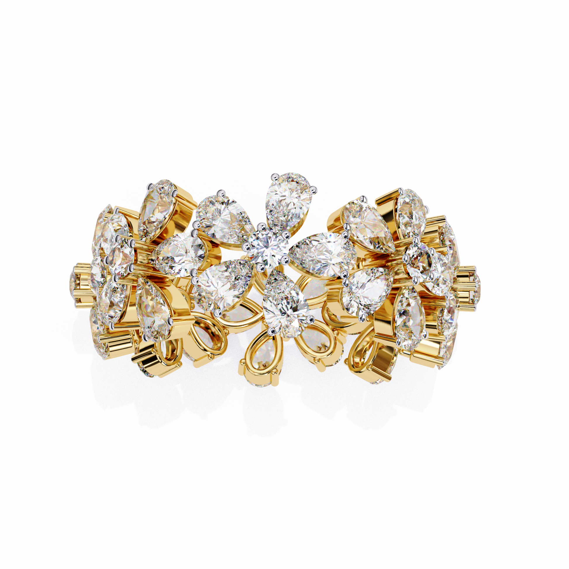 full eternity band features Pear and Round diamonds meticulously arranged into a continuous sequence of shimmering flowers
