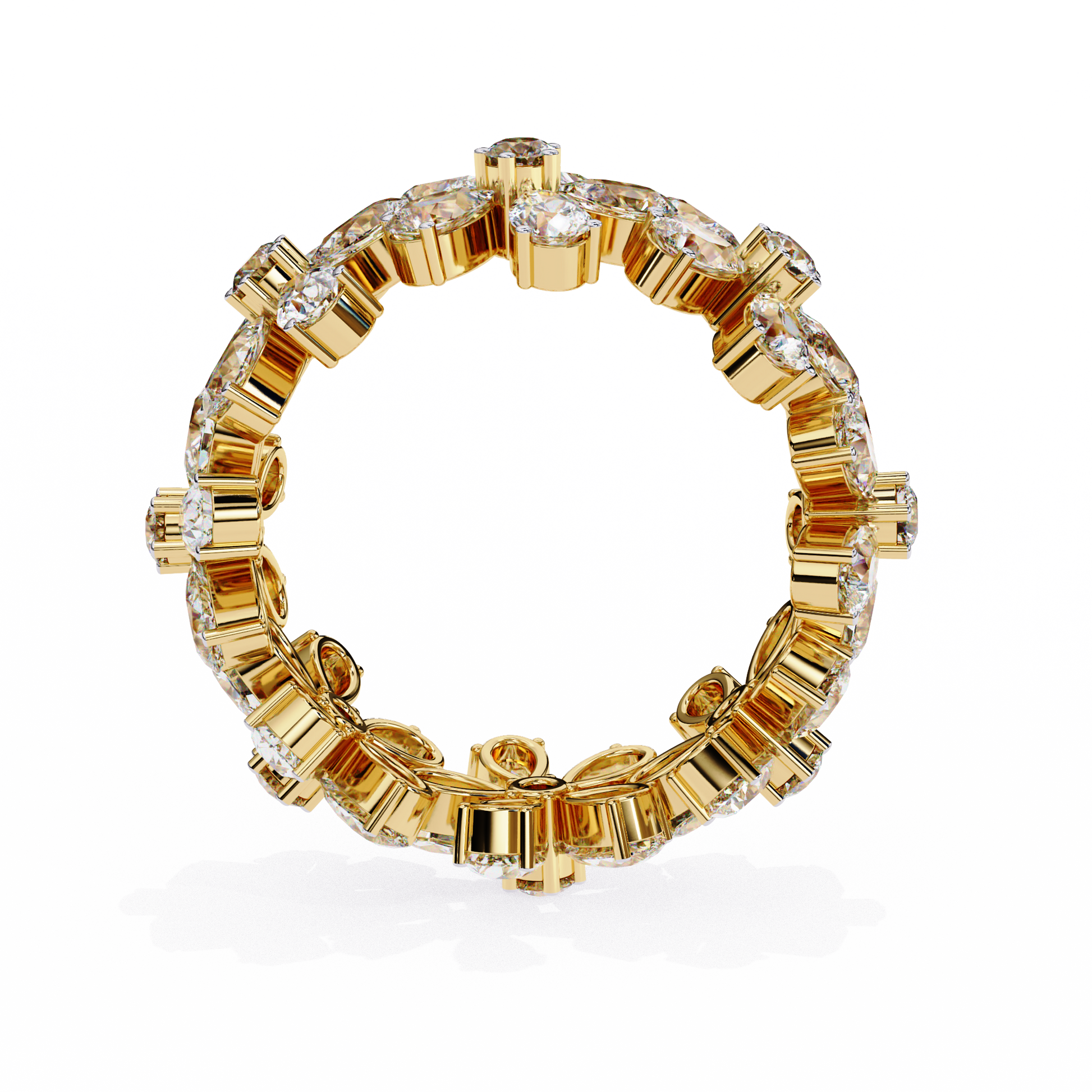 full eternity band features Pear and Round diamonds meticulously arranged into a continuous sequence of shimmering flowers