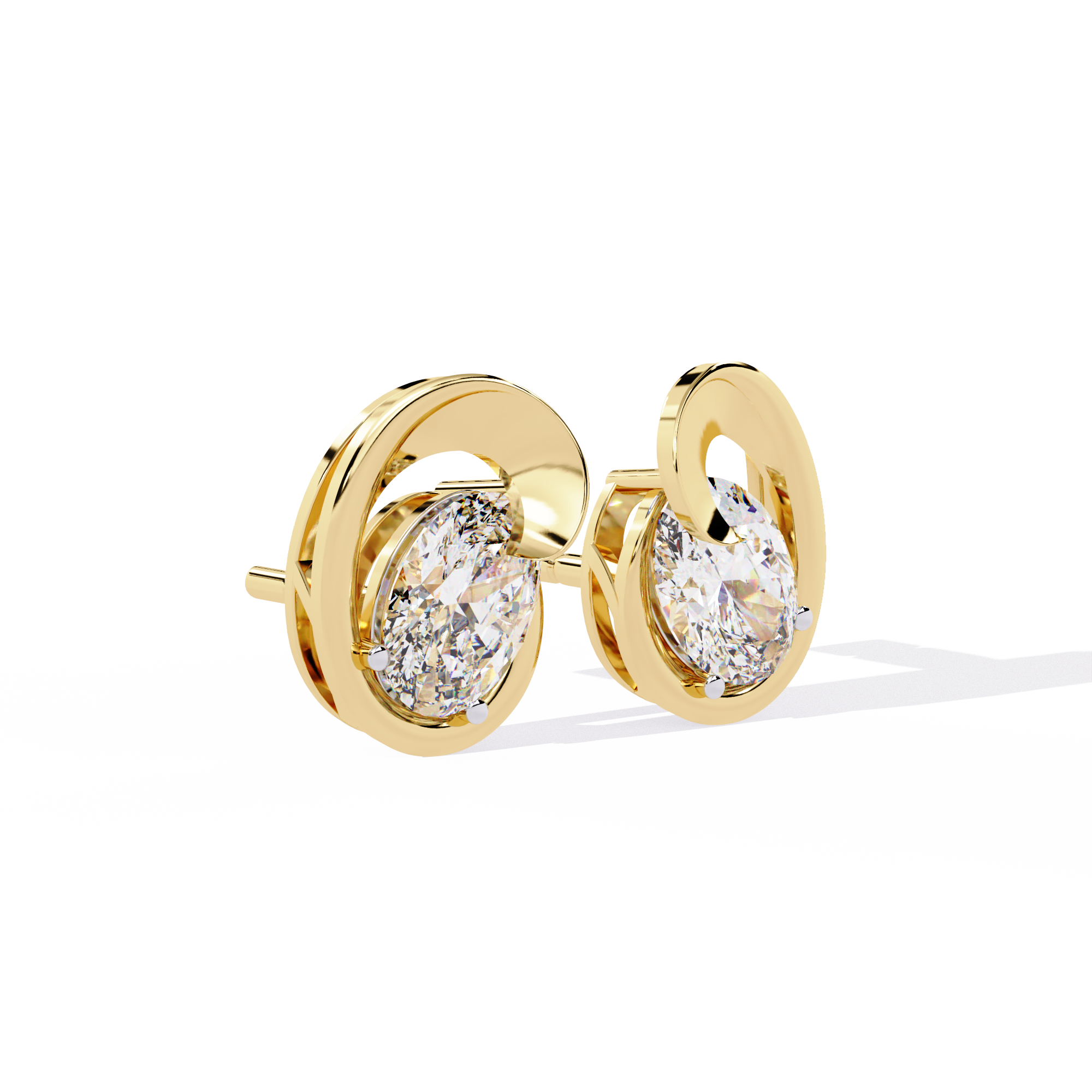 Gold earrings with clear oval diamonds on a white background