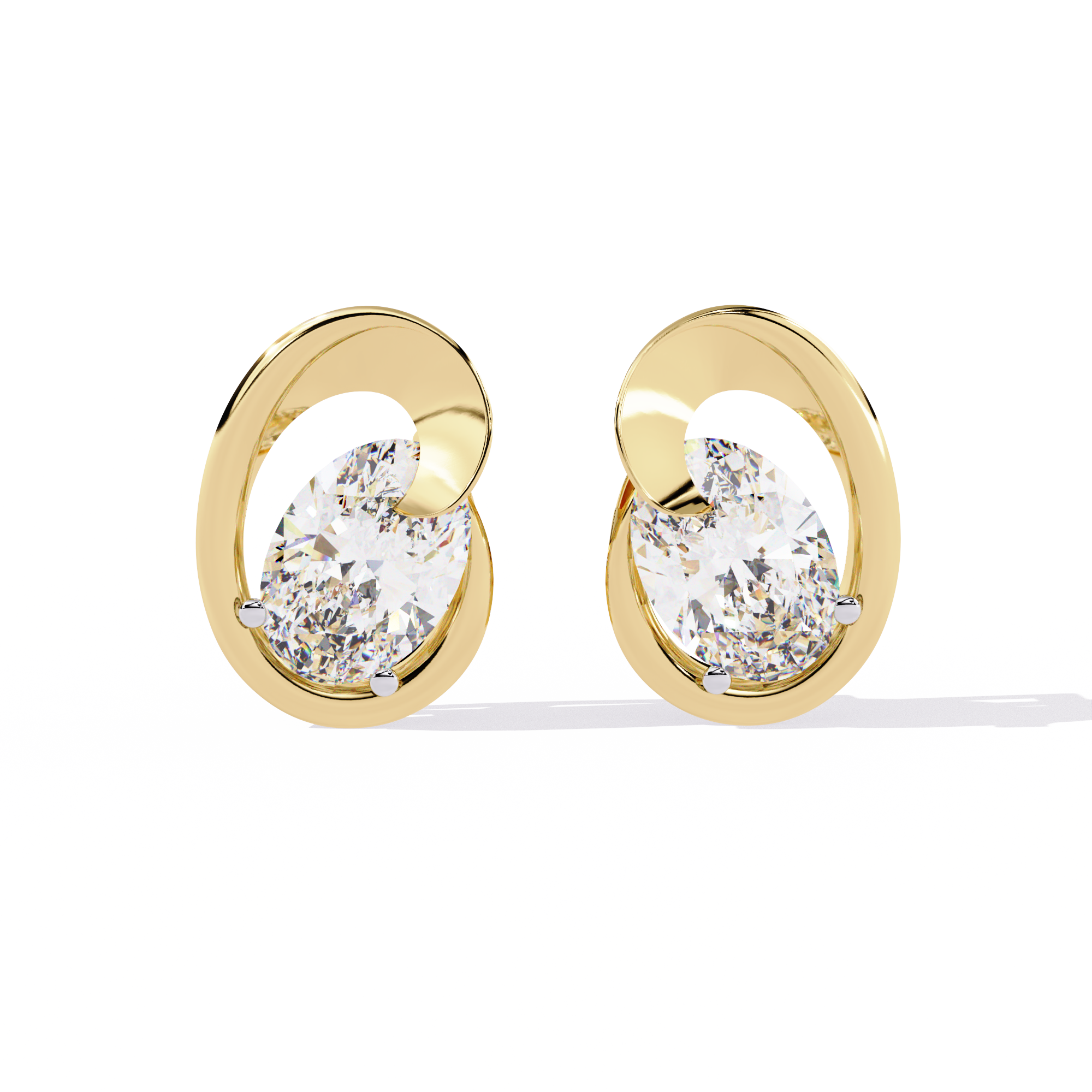 Gold earrings with clear oval diamonds on a white background
