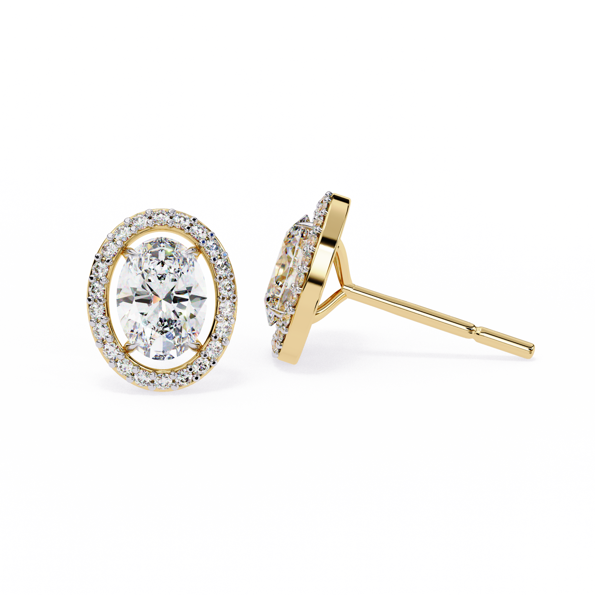 Pair of gold earrings with oval diamonds on a white background