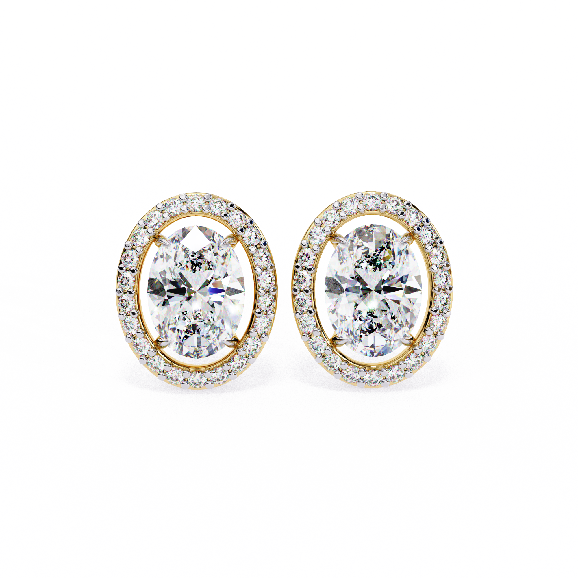 Pair of gold earrings with oval diamonds on a white background