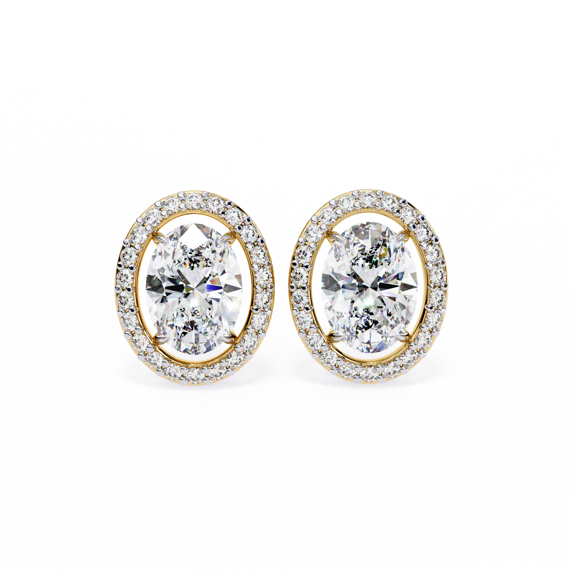 Pair of gold earrings with oval diamonds on a white background