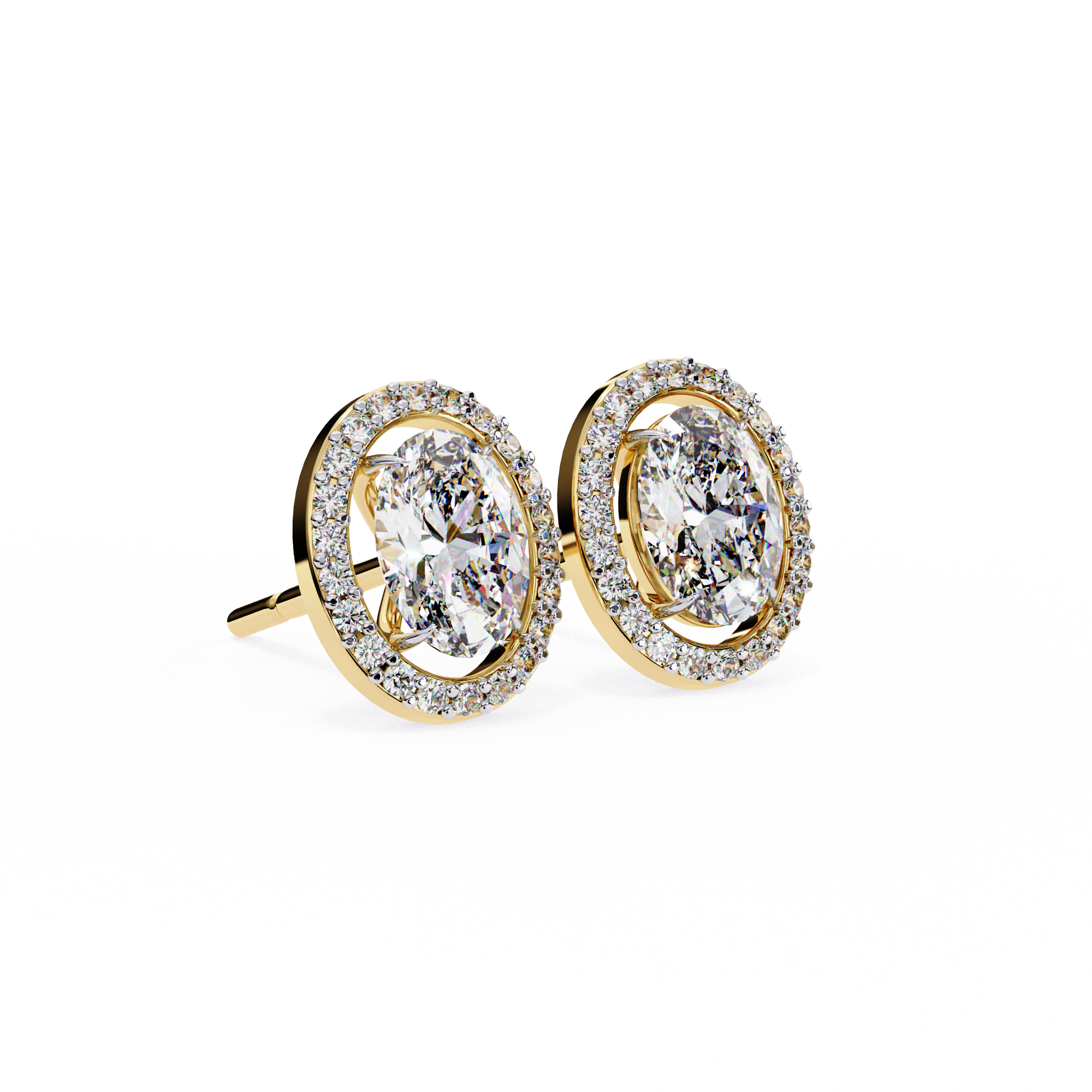 Pair of gold earrings with oval diamonds on a white background