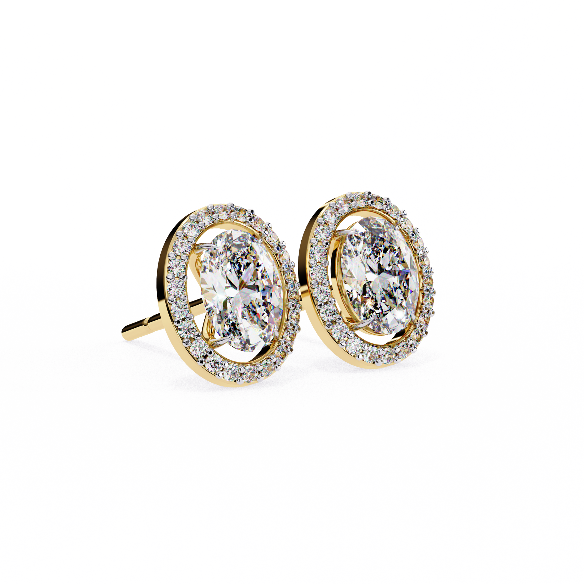 Pair of gold earrings with oval diamonds on a white background