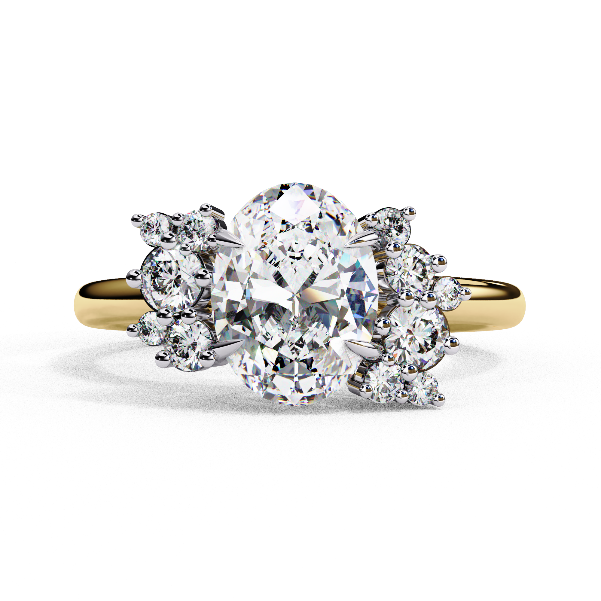 ring features an Oval Diamond centre flanked by a delicate cluster of shimmering round diamonds on either side