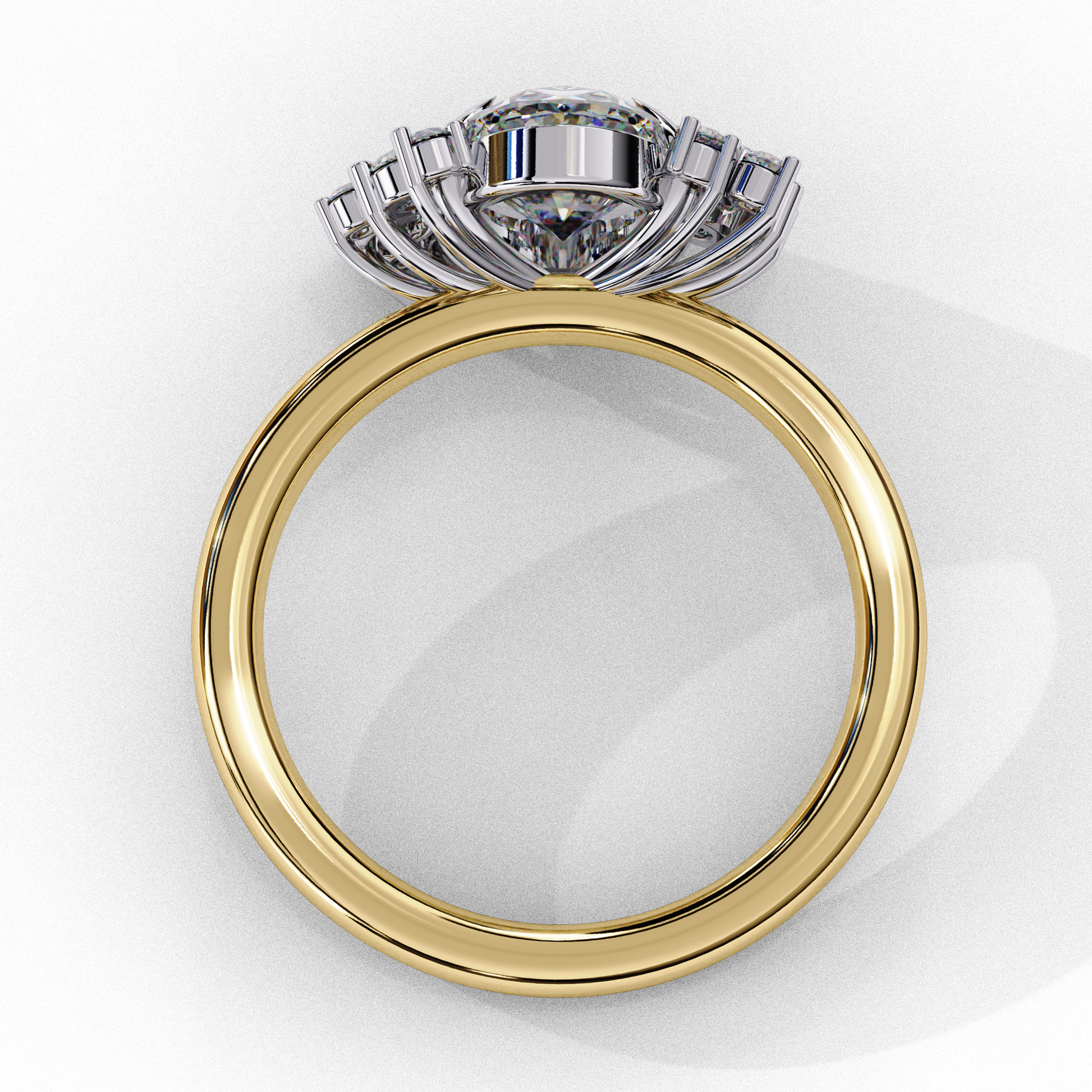 ring features an Oval Diamond centre flanked by a delicate cluster of shimmering round diamonds on either side