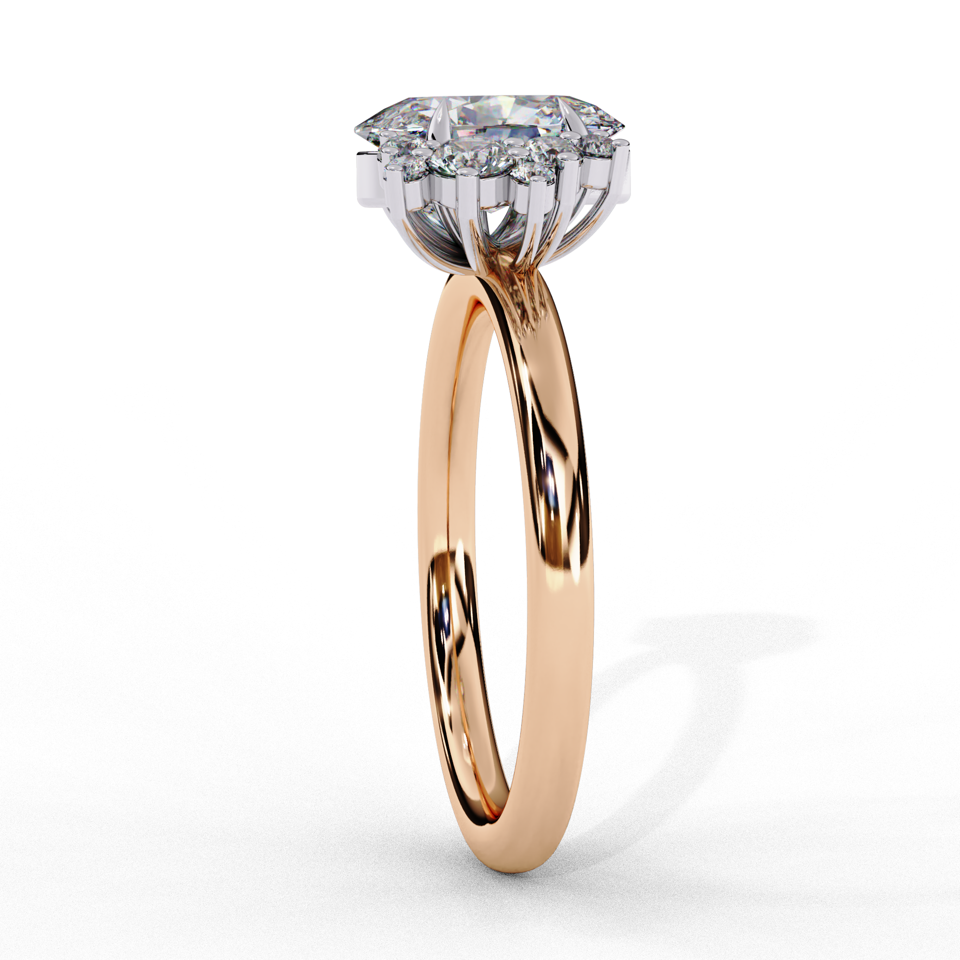 ring features an Oval Diamond centre flanked by a delicate cluster of shimmering round diamonds on either side