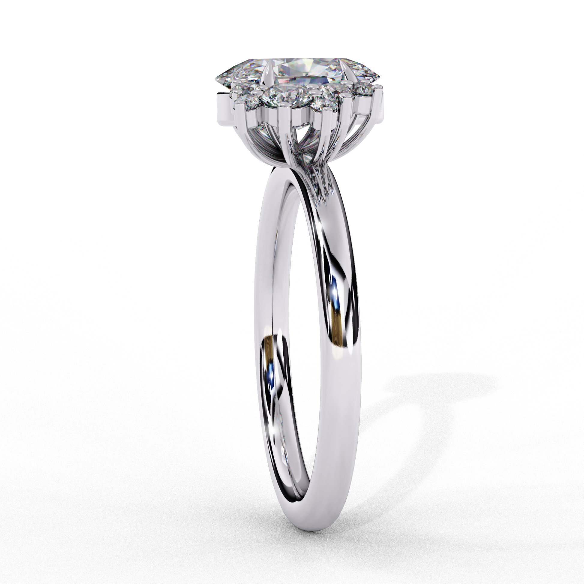 ring features an Oval Diamond centre flanked by a delicate cluster of shimmering round diamonds on either side