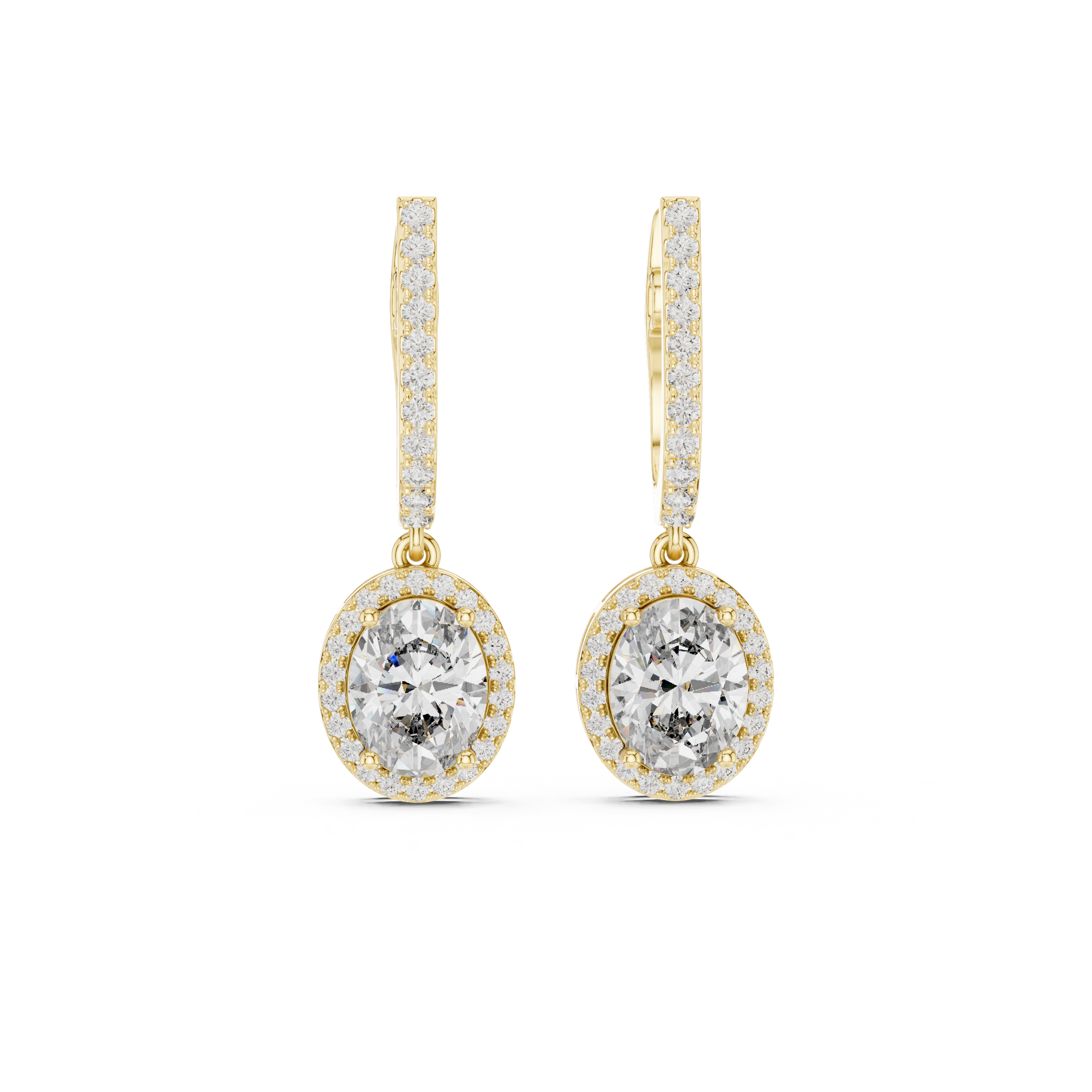 Gold earrings with diamonds on a white background