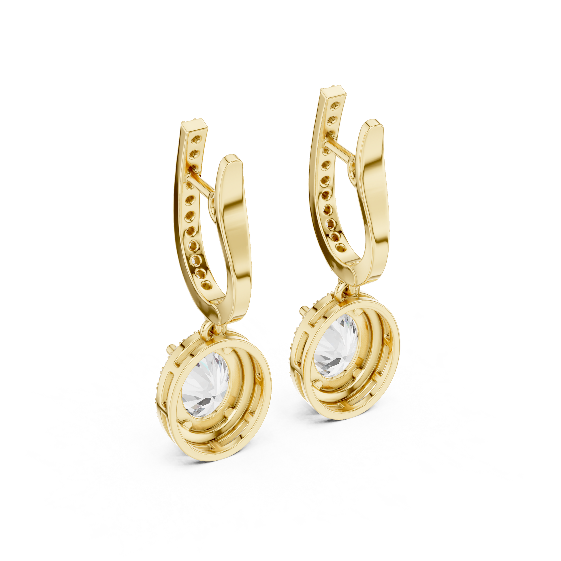 Gold earrings with diamonds on a white background