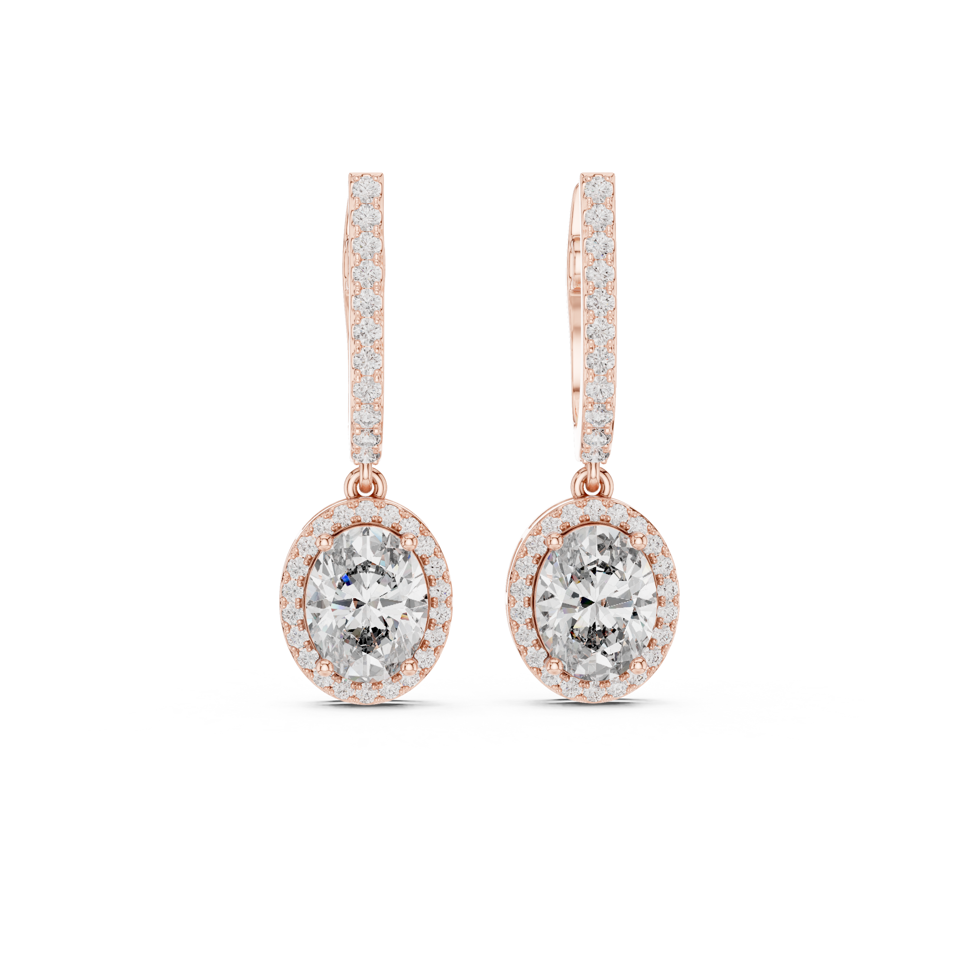 Rose Gold earrings with diamonds on a white background