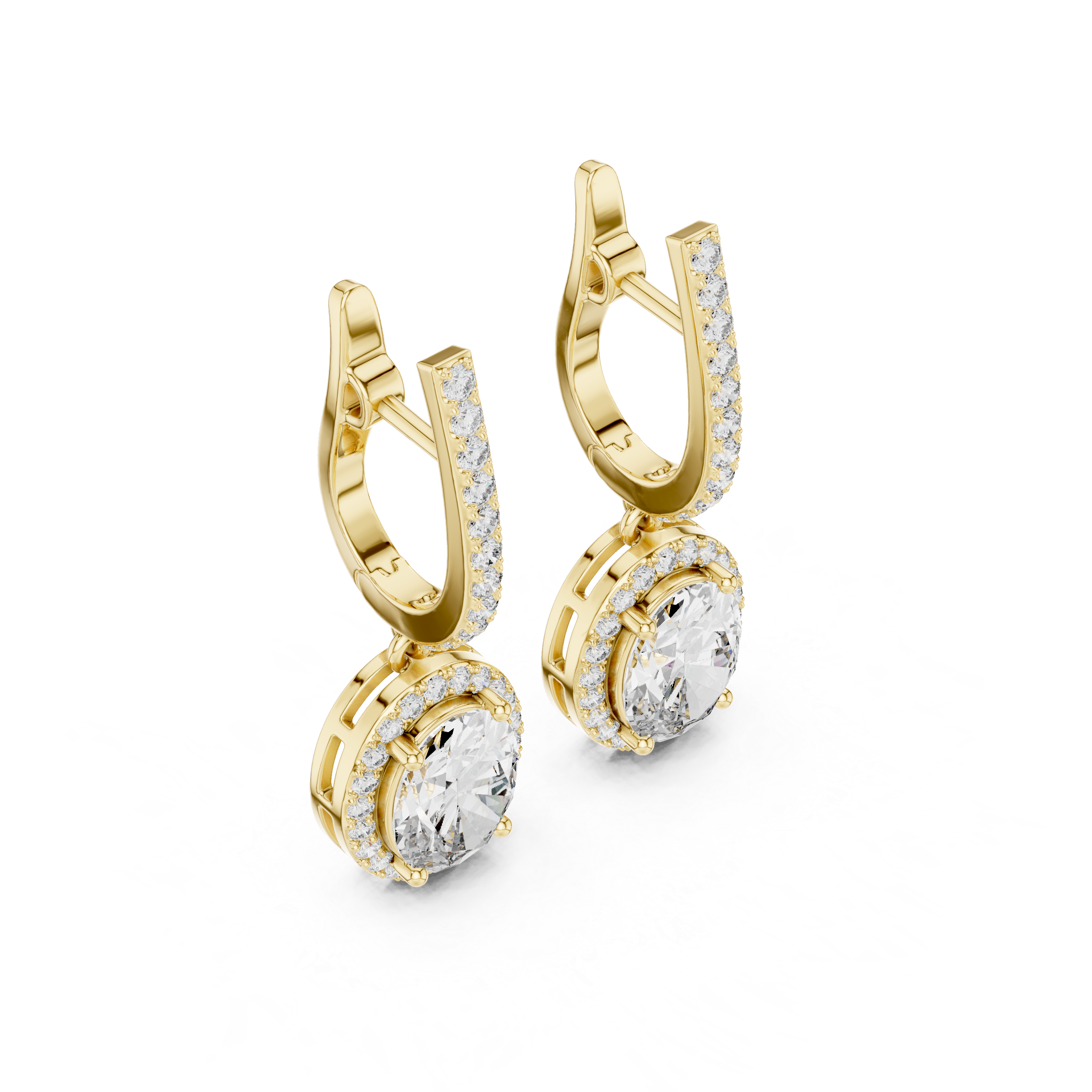 Gold earrings with diamonds on a white background