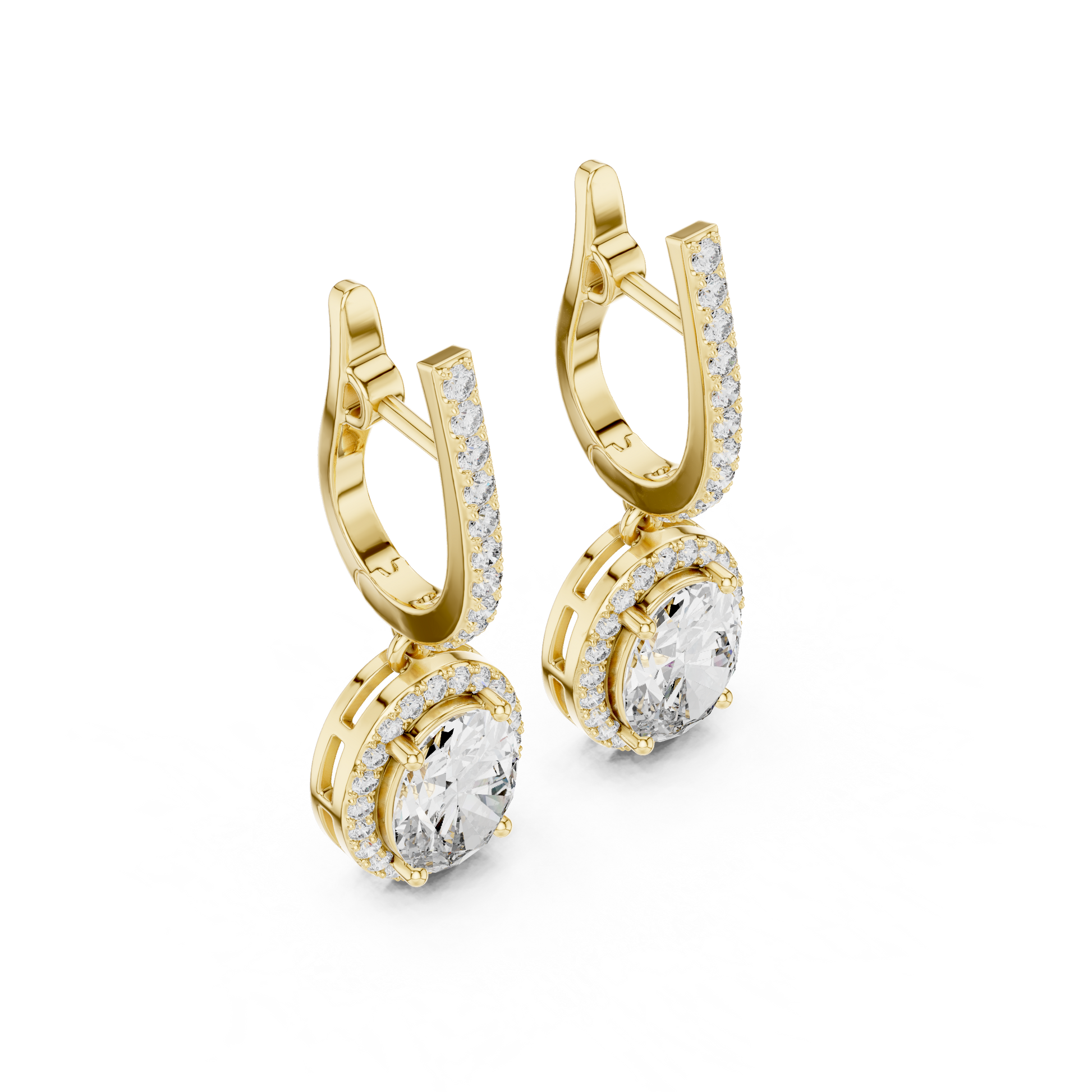 Gold earrings with diamonds on a white background