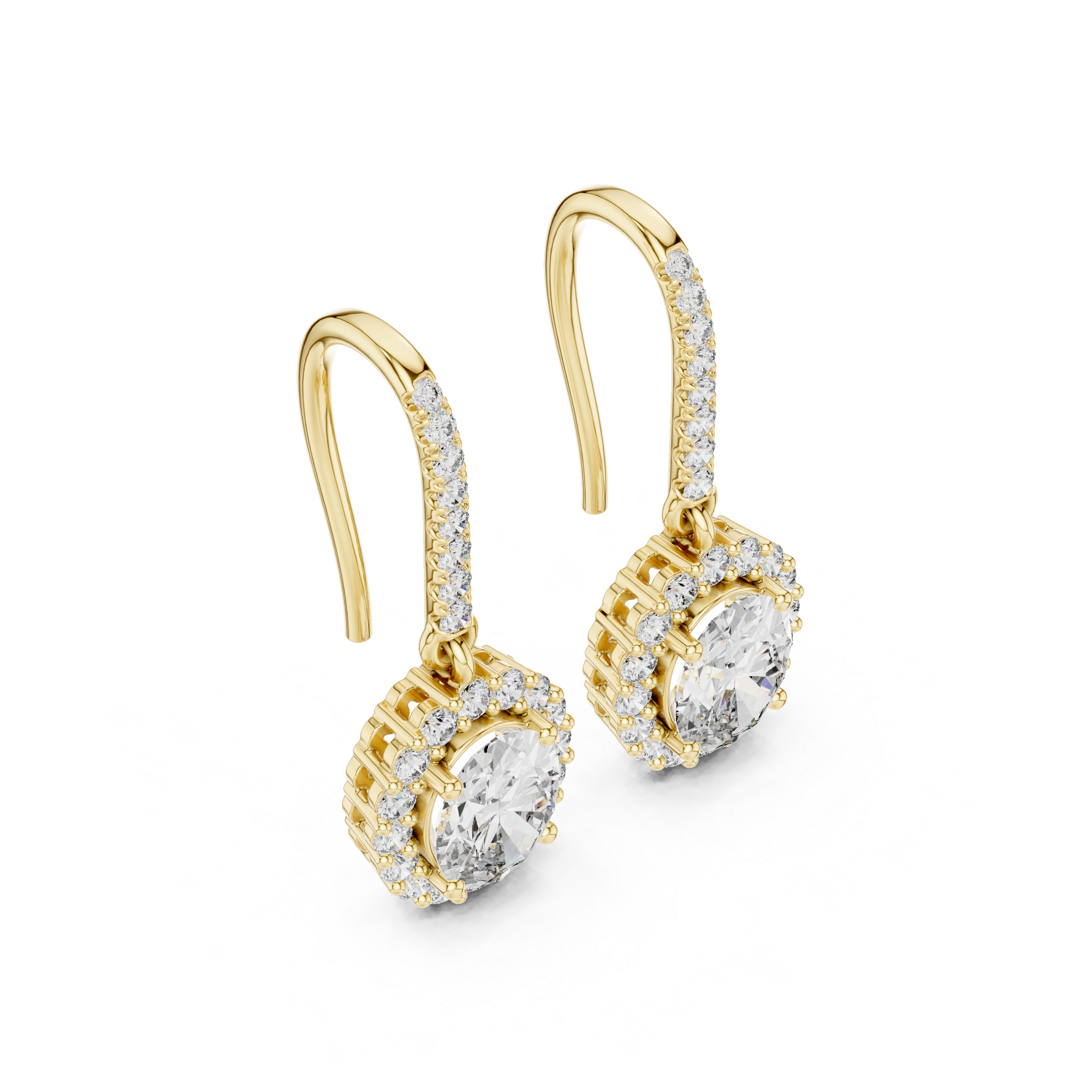 Oval Diamond Halo Drop Earrings. Crafted in radiant 18K Gold, a brilliant Oval-Cut Diamond is framed by a luminous pavé halo, maximising its size and fire