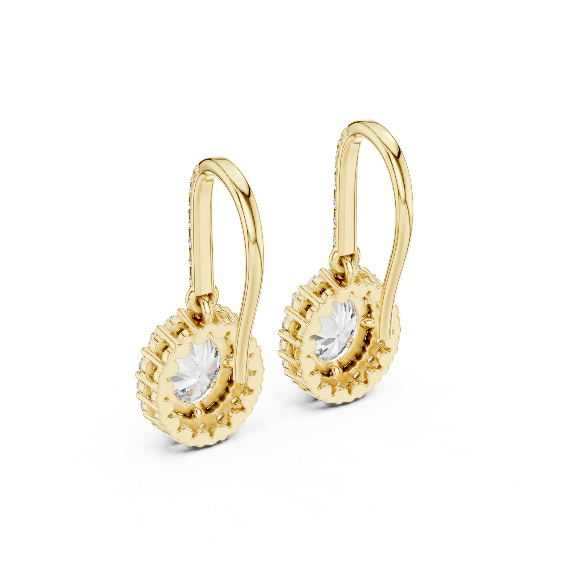 Oval Diamond Halo Drop Earrings. Crafted in radiant 18K Gold, a brilliant Oval-Cut Diamond is framed by a luminous pavé halo, maximising its size and fire