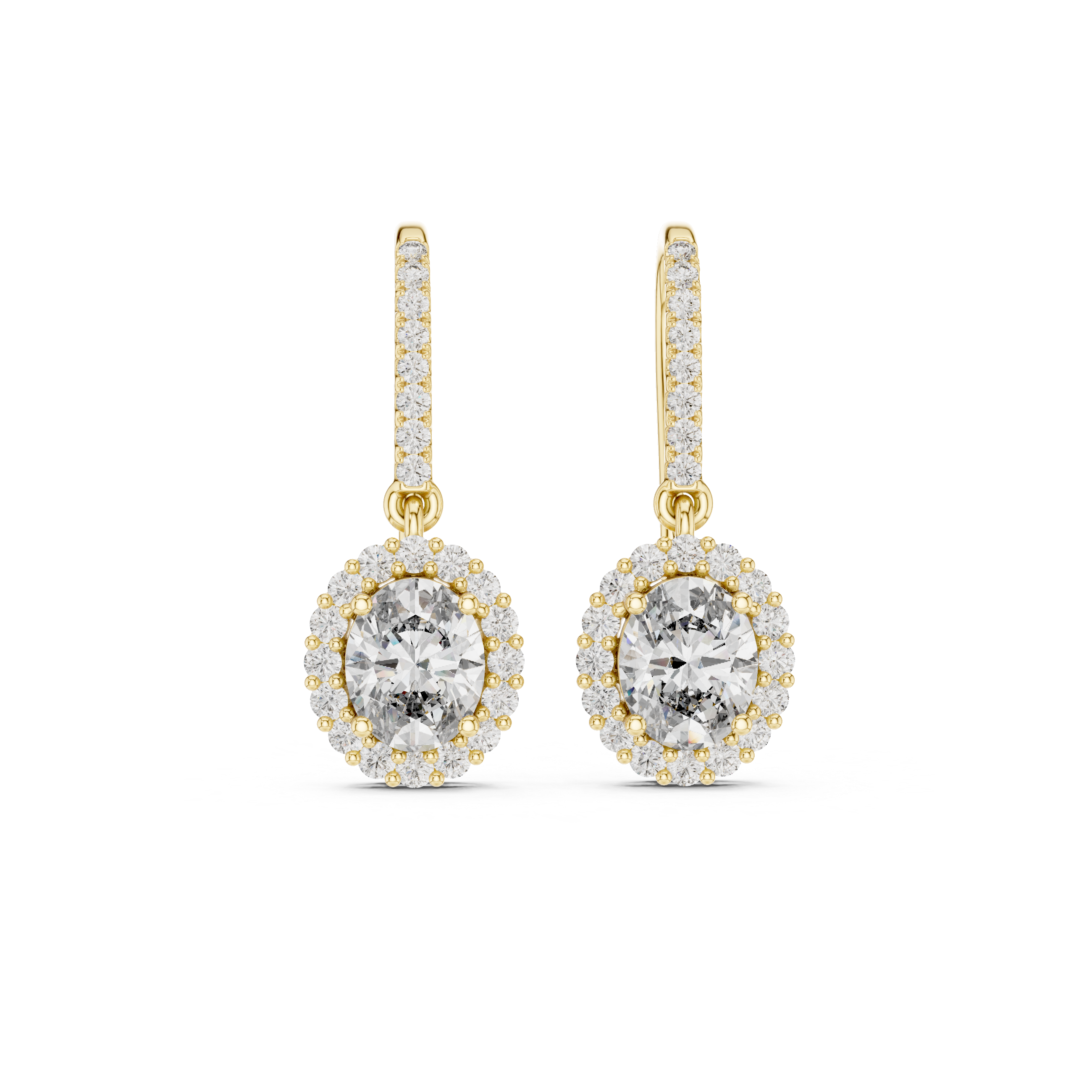 Oval Diamond Halo Drop Earrings. Crafted in radiant 18K Gold, a brilliant Oval-Cut Diamond is framed by a luminous pavé halo, maximising its size and fire