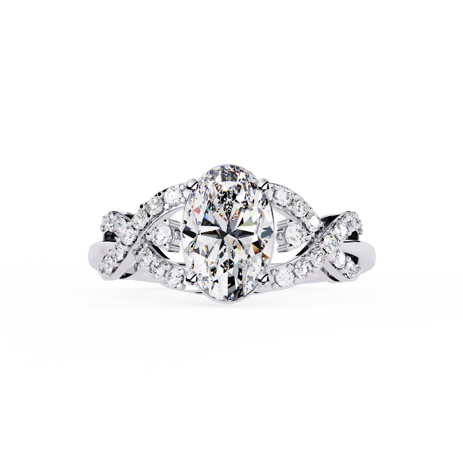 ring features a magnificent Oval centre supported by a sophisticated infinity-esque twisted band