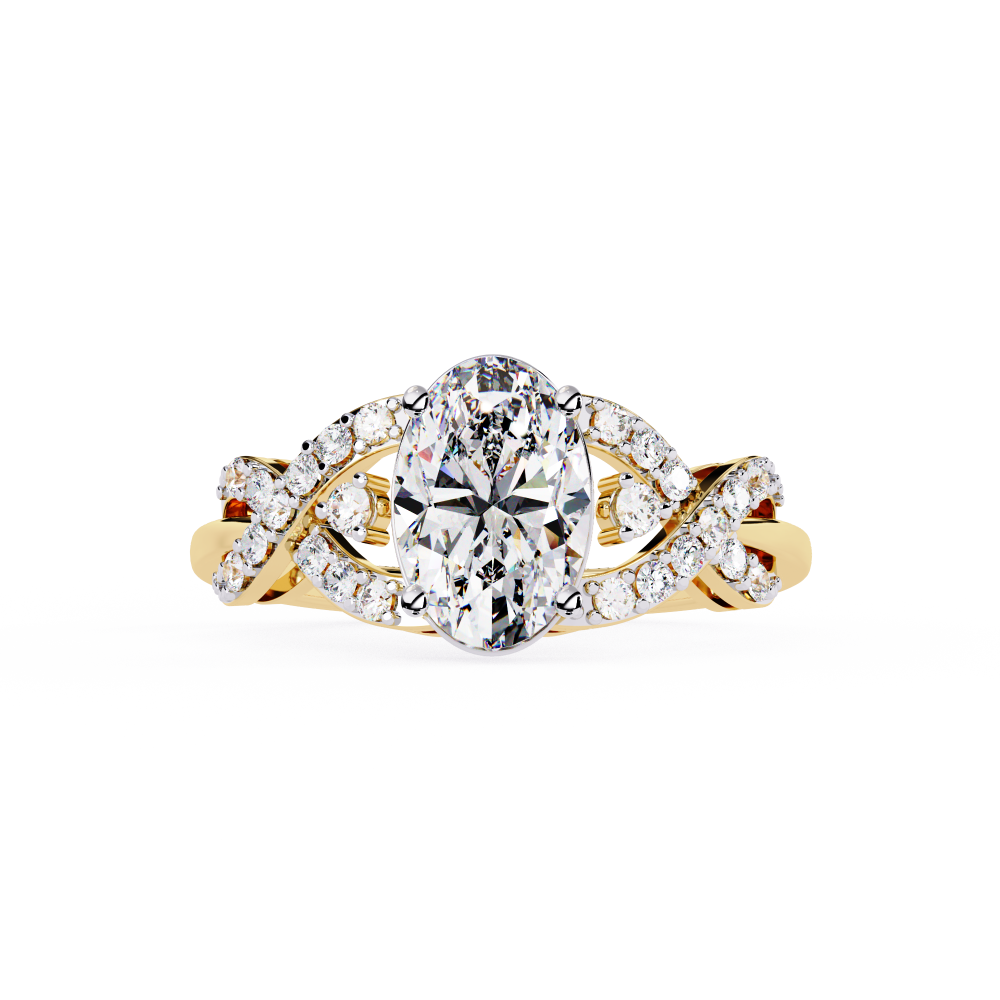 ring features a magnificent Oval centre supported by a sophisticated infinity-esque twisted band
