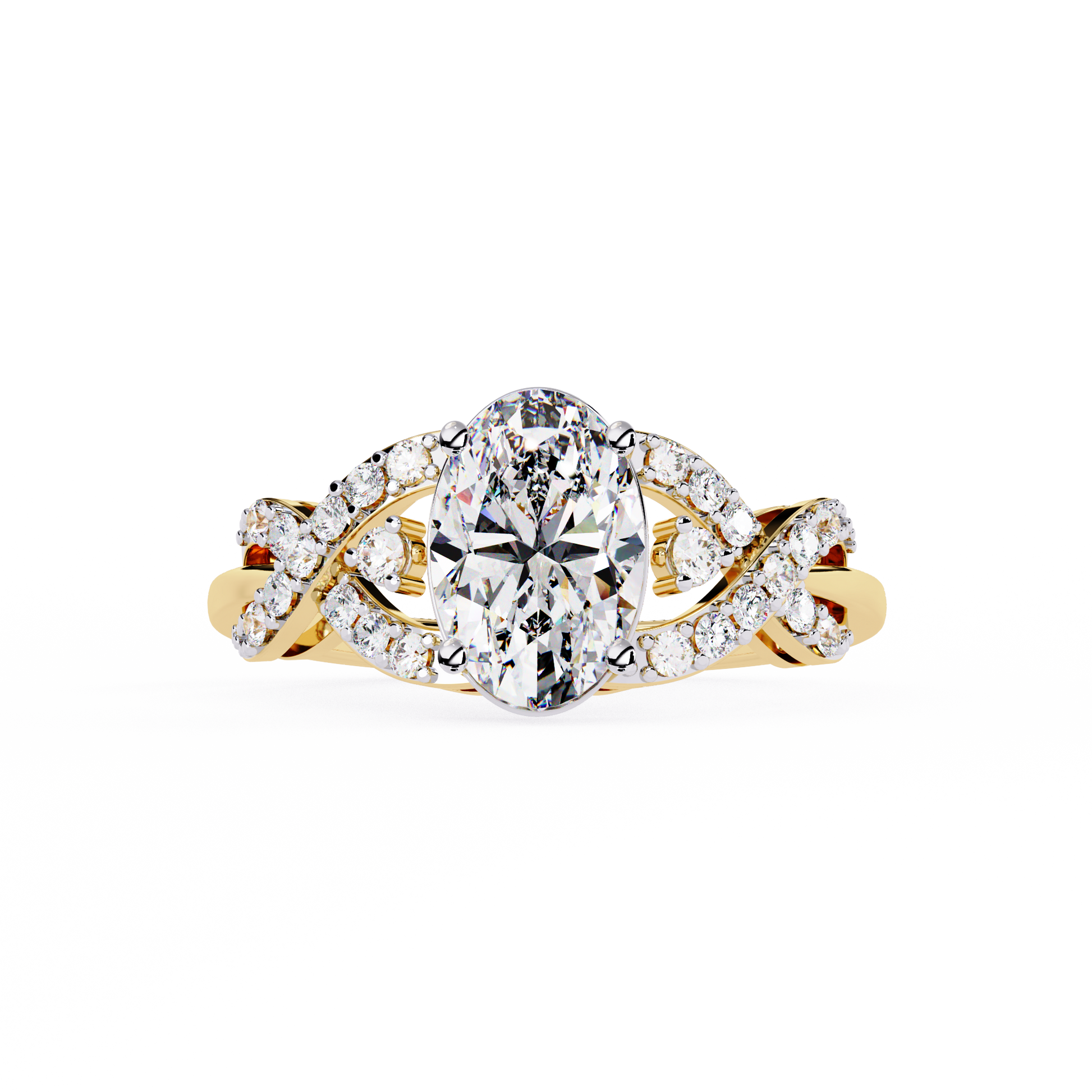 ring features a magnificent Oval centre supported by a sophisticated infinity-esque twisted band