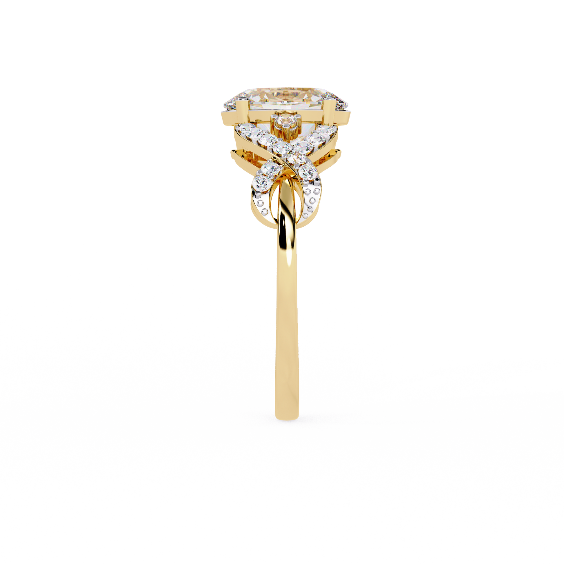 ring features a magnificent Oval centre supported by a sophisticated infinity-esque twisted band