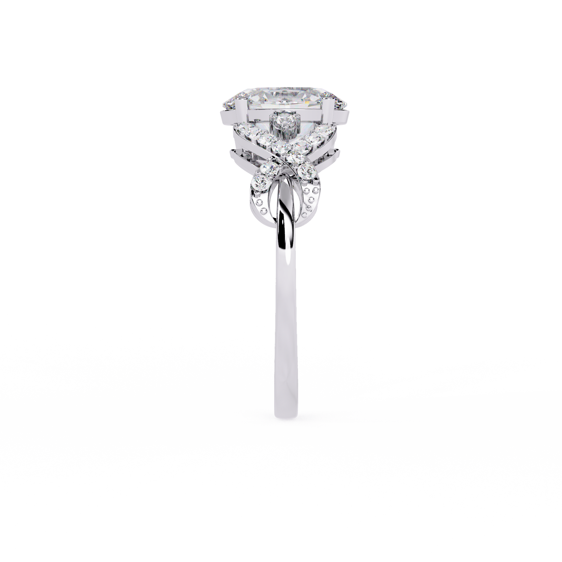 ring features a magnificent Oval centre supported by a sophisticated infinity-esque twisted band