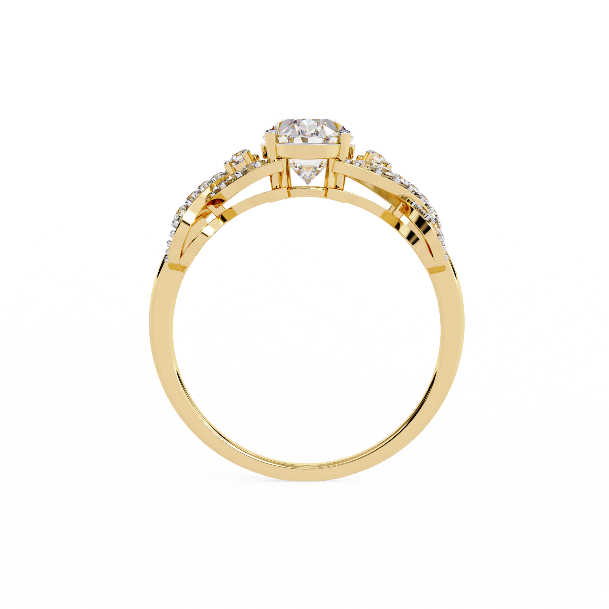 ring features a magnificent Oval centre supported by a sophisticated infinity-esque twisted band