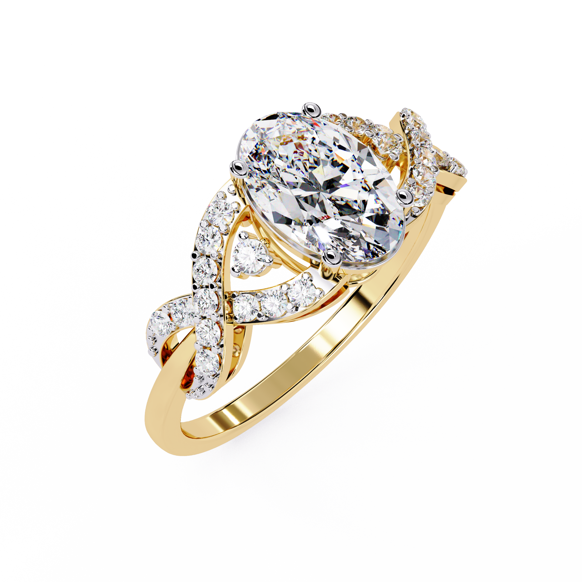 ring features a magnificent Oval centre supported by a sophisticated infinity-esque twisted band