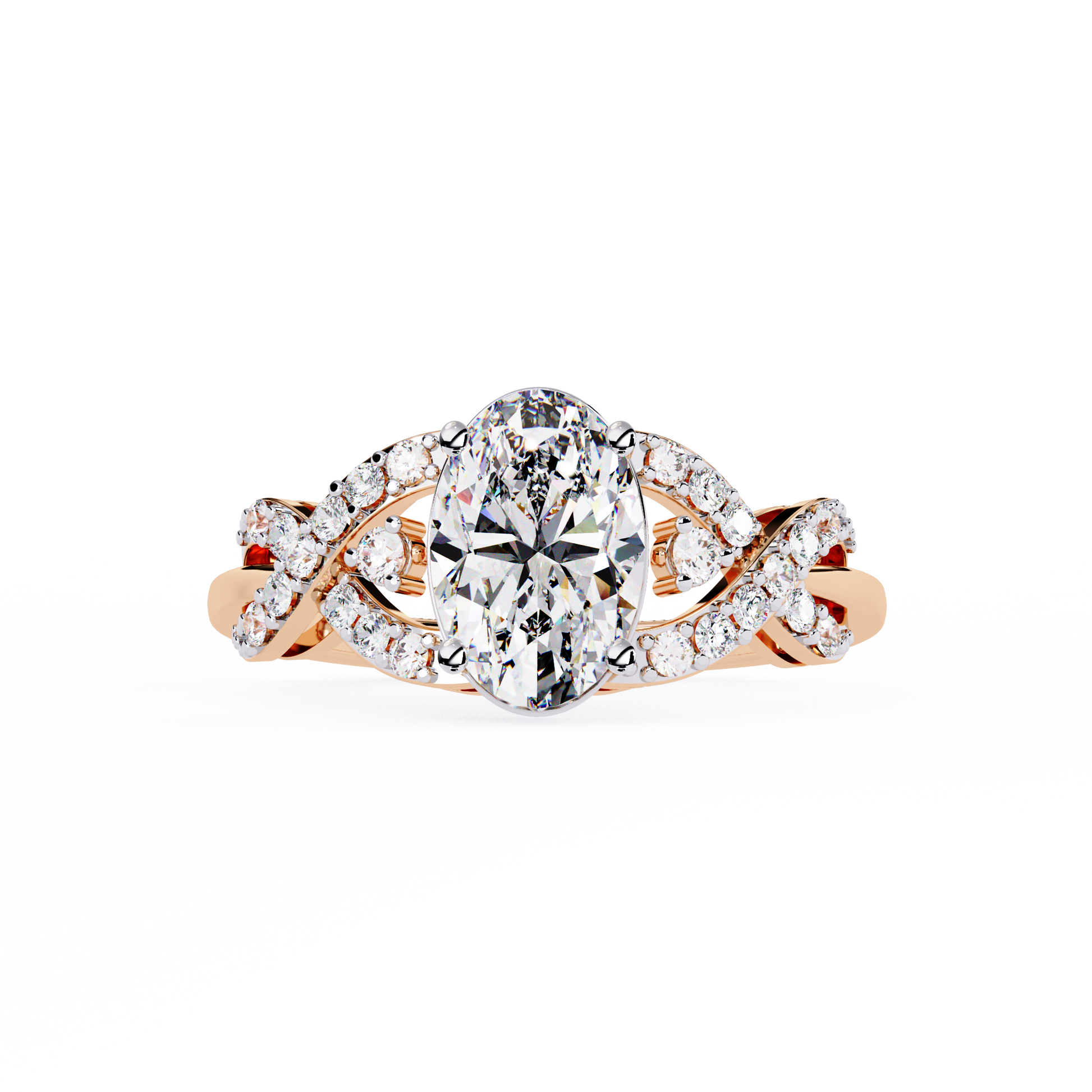 ring features a magnificent Oval centre supported by a sophisticated infinity-esque twisted band
