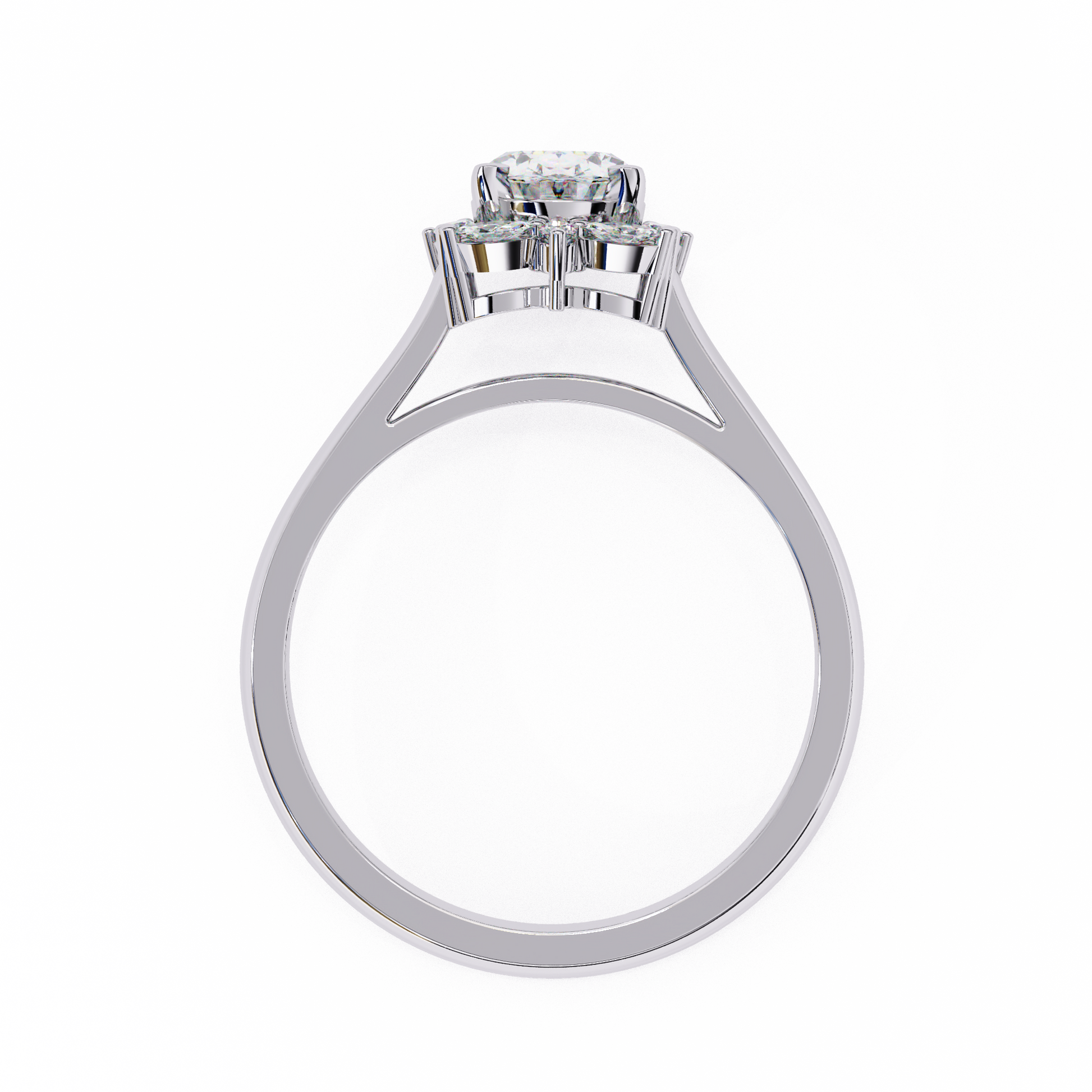 ring features a brilliant Oval centre framed by a unique mosaic halo of alternating Round and Marquise diamonds
