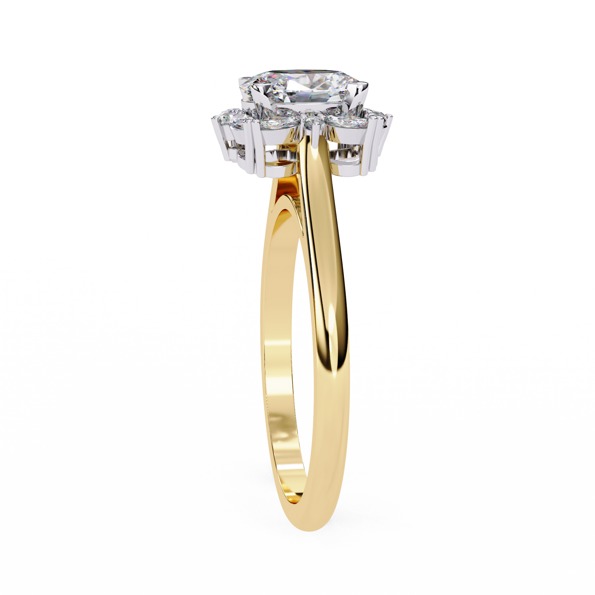 ring features a brilliant Oval centre framed by a unique mosaic halo of alternating Round and Marquise diamonds