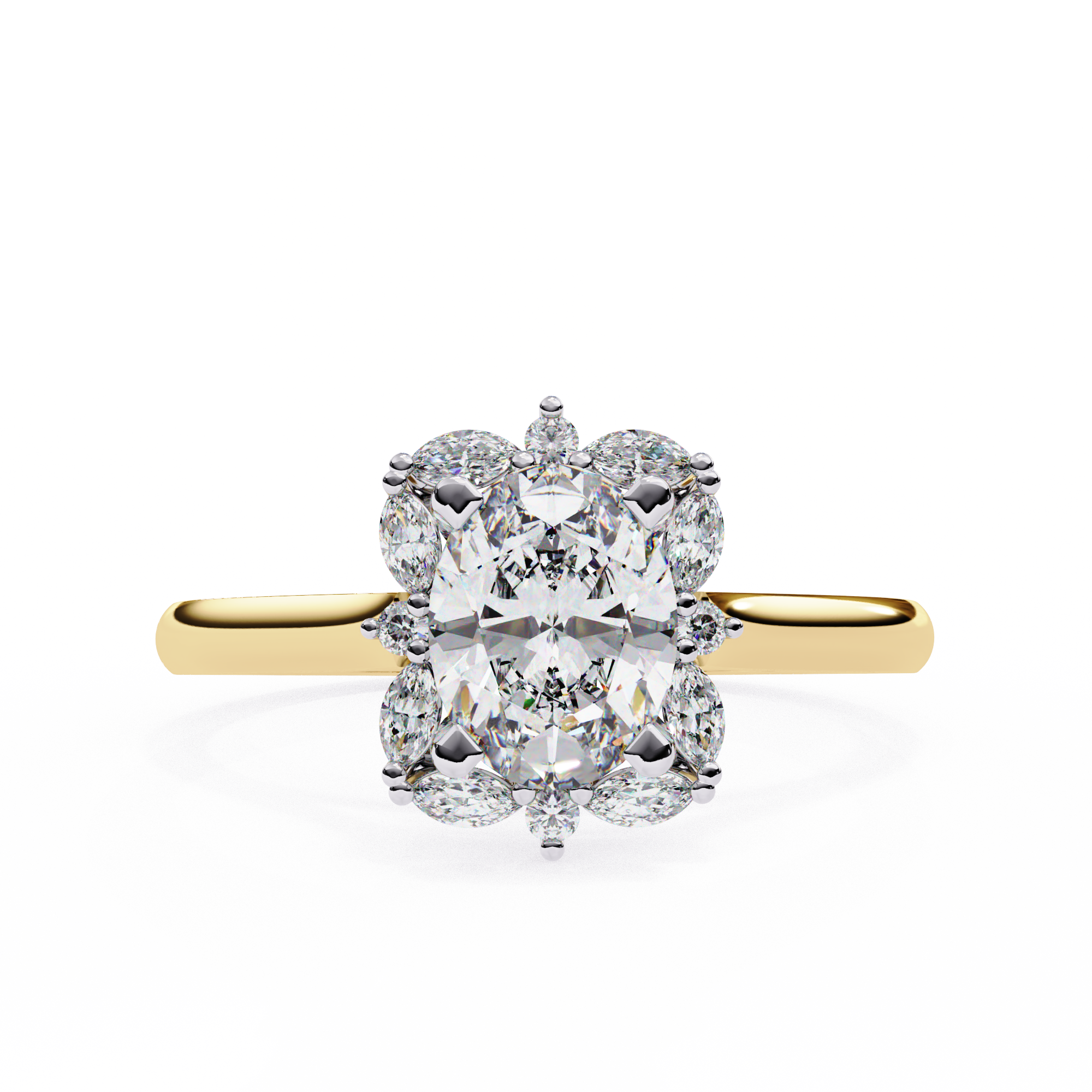 ring features a brilliant Oval centre framed by a unique mosaic halo of alternating Round and Marquise diamonds