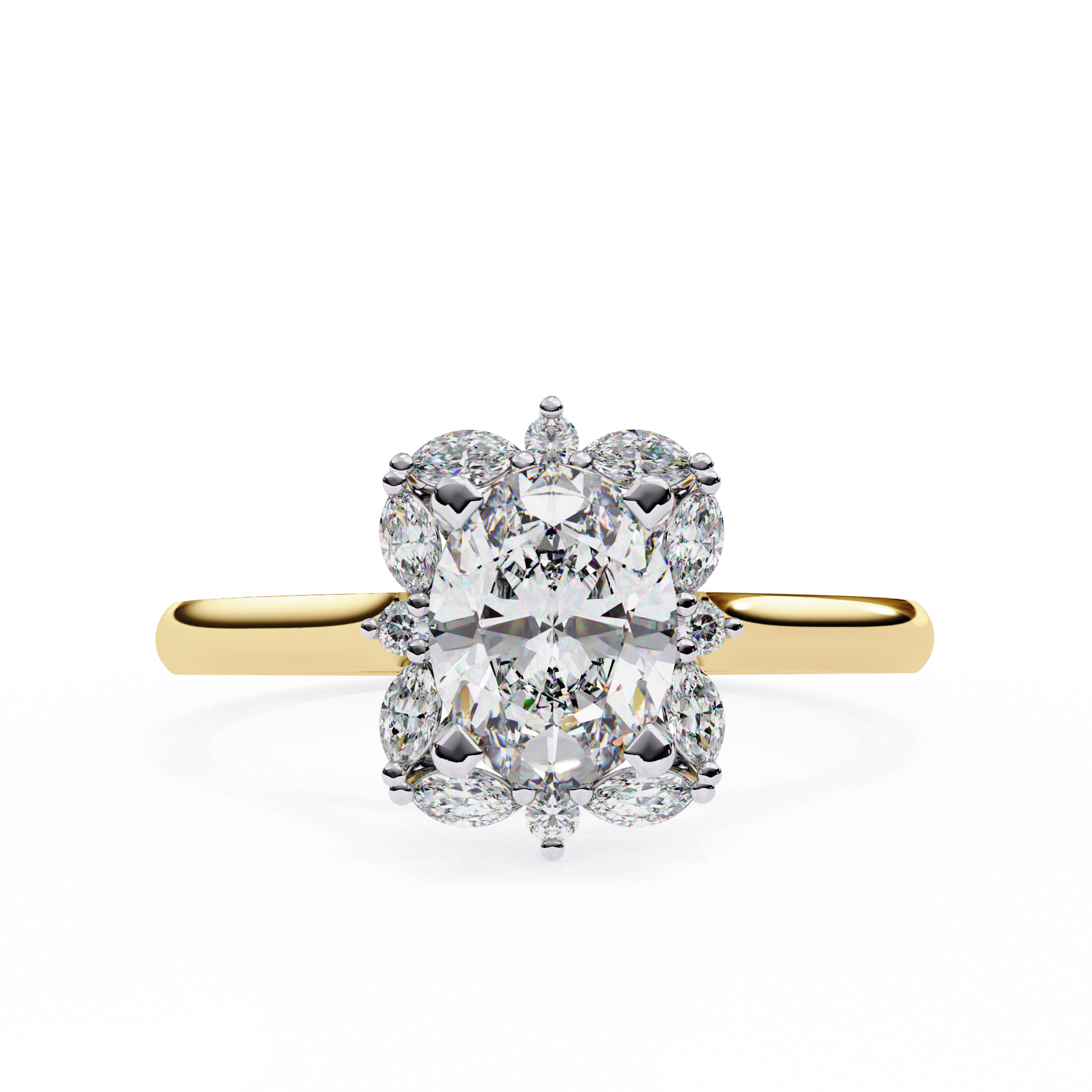 ring features a brilliant Oval centre framed by a unique mosaic halo of alternating Round and Marquise diamonds