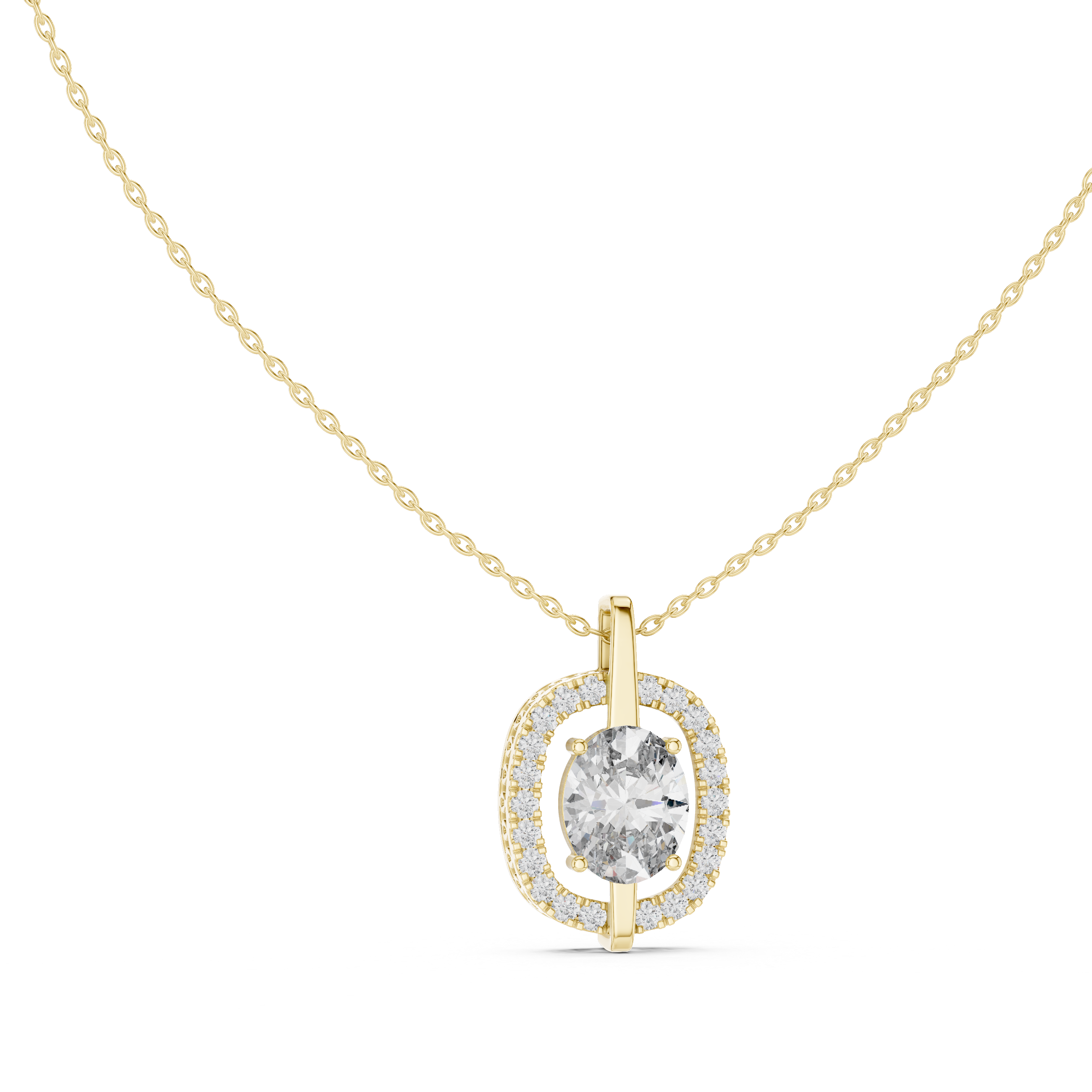 pendant features a magnificent Oval-cut diamond suspended within a delicate open-frame halo of round accent stones