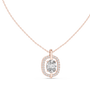 pendant features a magnificent Oval-cut diamond suspended within a delicate open-frame halo of round accent stones