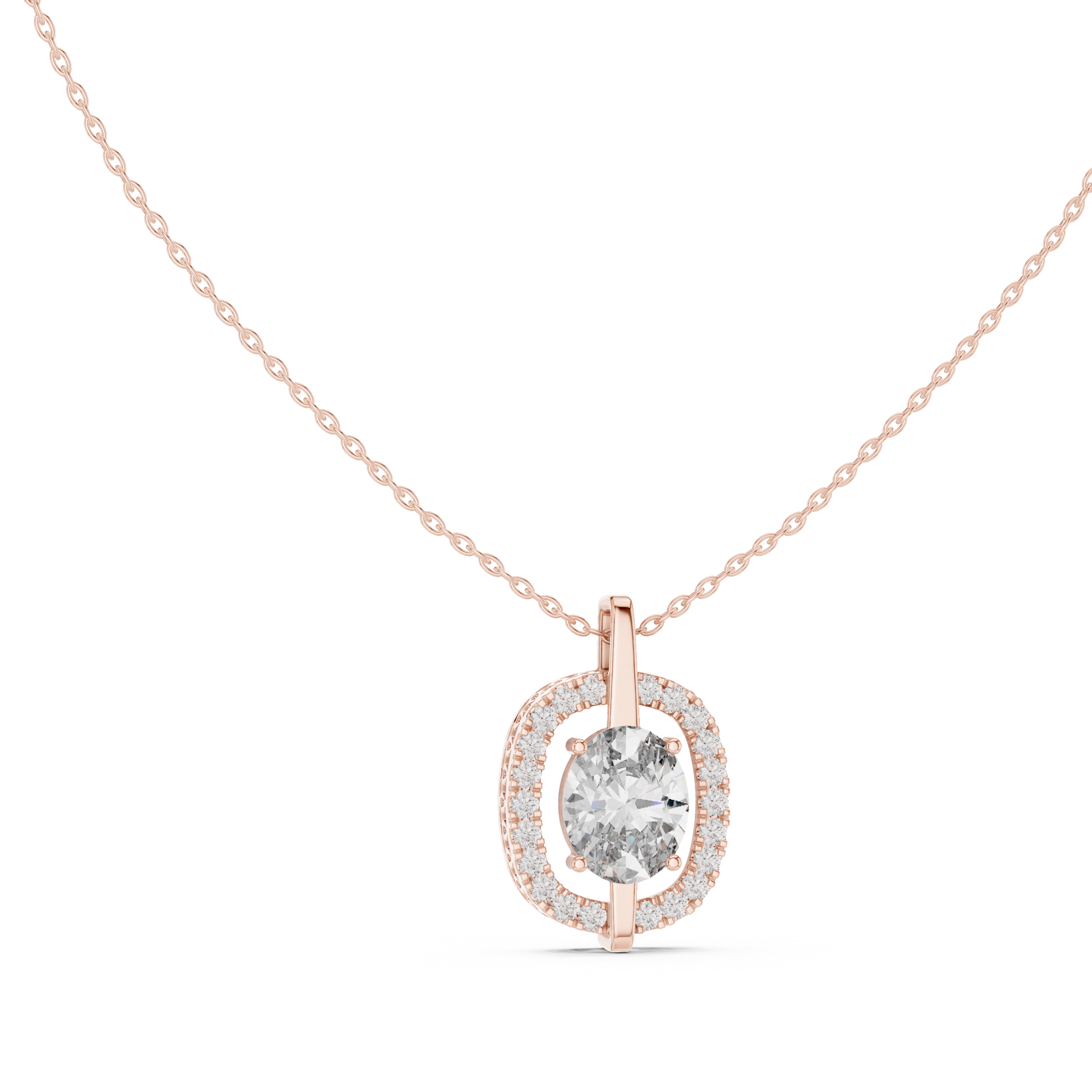 pendant features a magnificent Oval-cut diamond suspended within a delicate open-frame halo of round accent stones